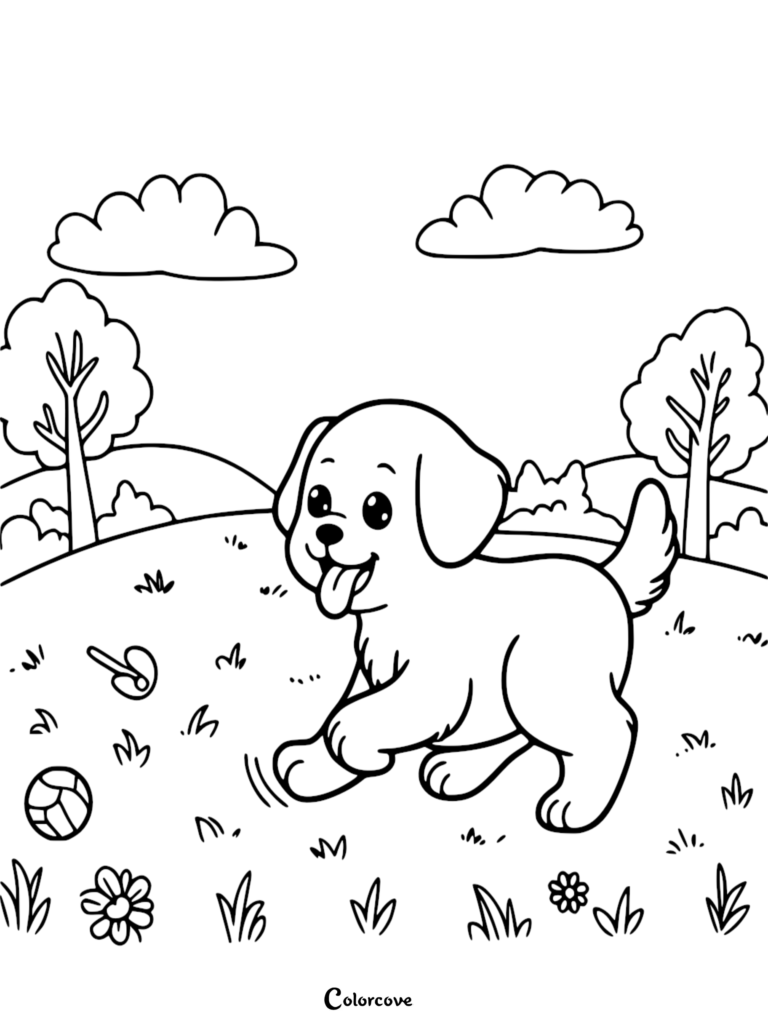 A cute puppy with its tongue out playing with a ball in a grassy park coloring page.