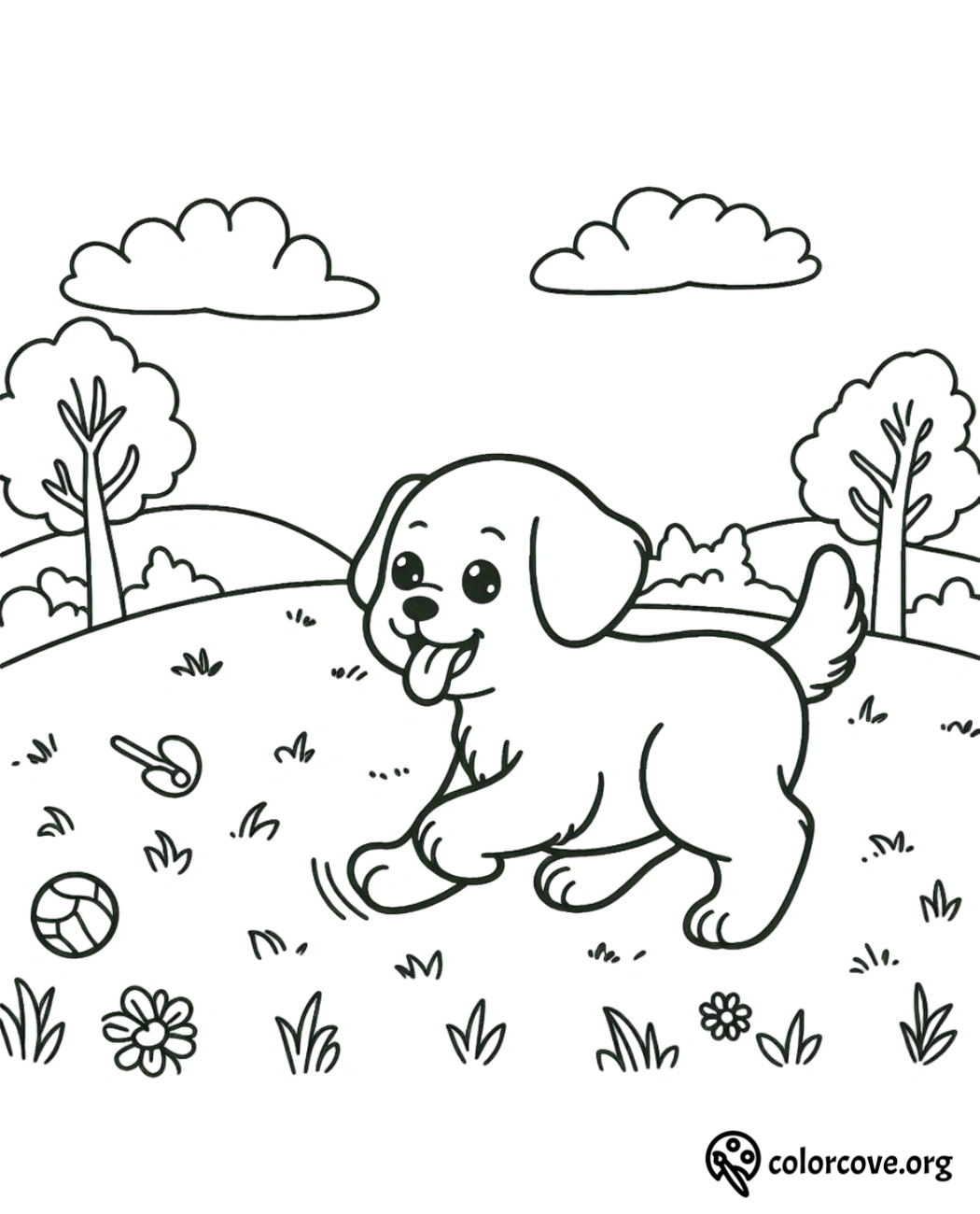 a black and white drawing of a dog playing with a ball