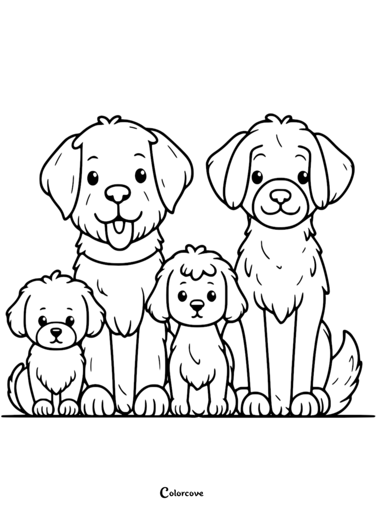 A printable coloring page featuring two adult dogs and two small puppies sitting together in a friendly group.