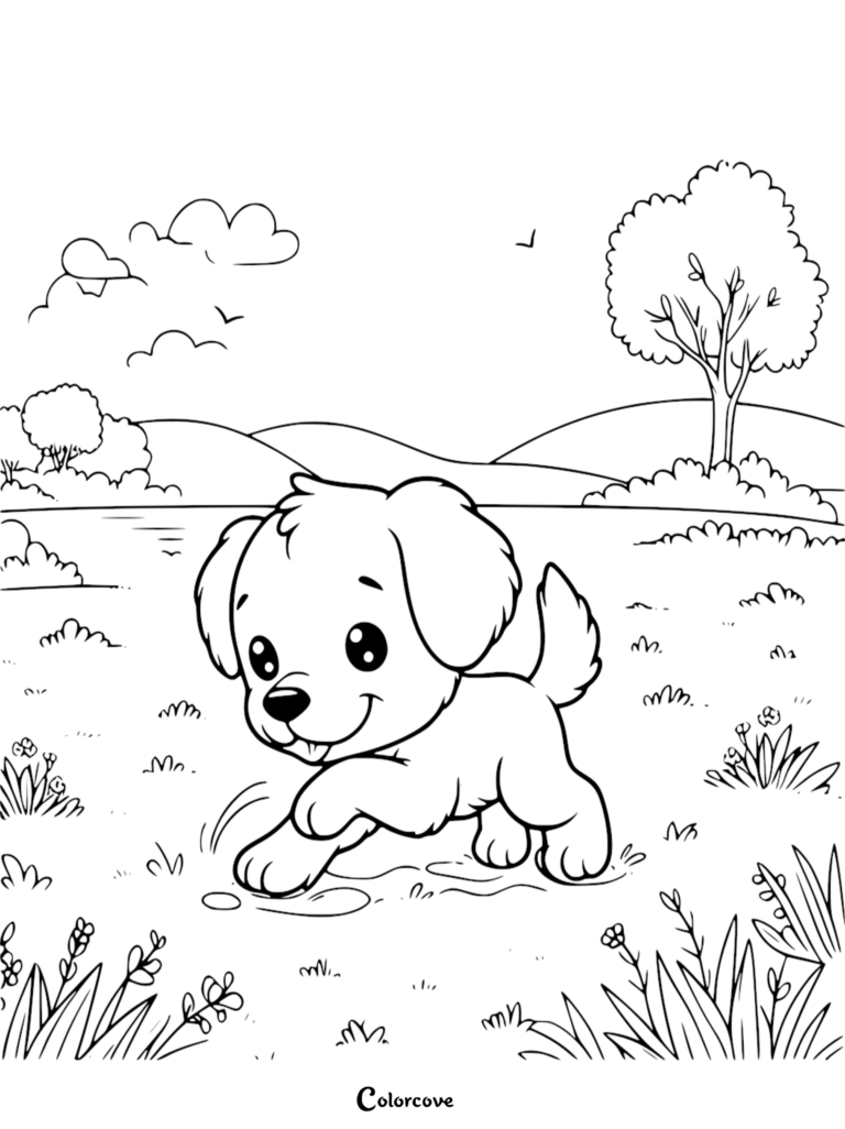 A cute puppy walking through a grassy meadow in this printable coloring page for kids.