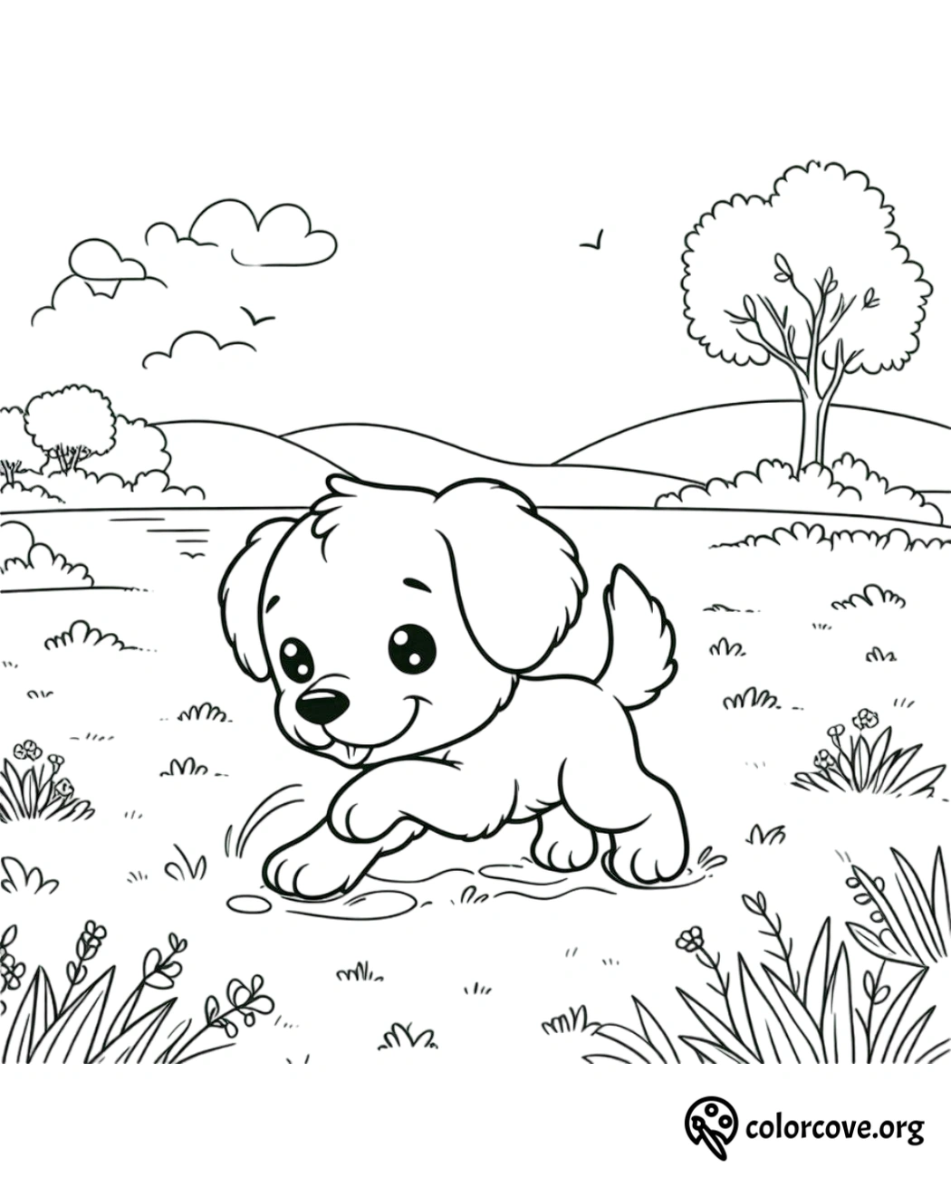 a black and white drawing of a puppy playing in a field