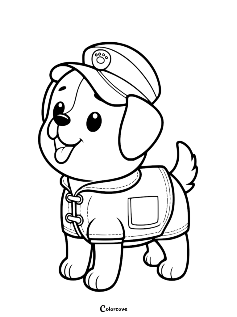 Marshall from PAW Patrol wearing his firefighter hat and uniform in a simple line art coloring page.