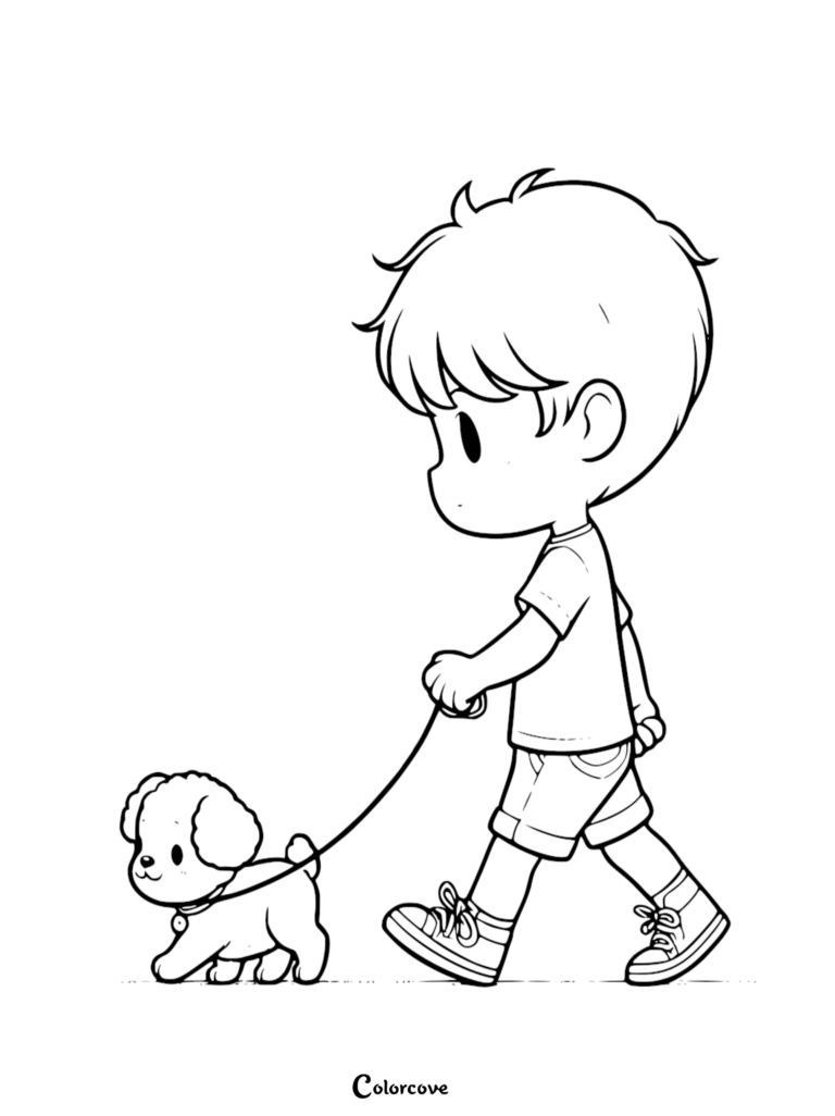 A cute boy in a t-shirt and sneakers walking a small curly-haired puppy on a leash, coloring page style line art.