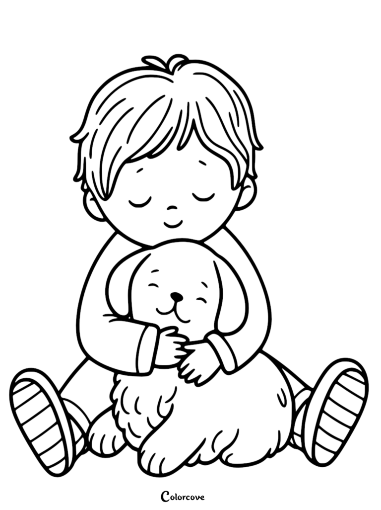 A young boy with messy hair sitting on the floor and hugging a small, fluffy puppy in this printable coloring page.