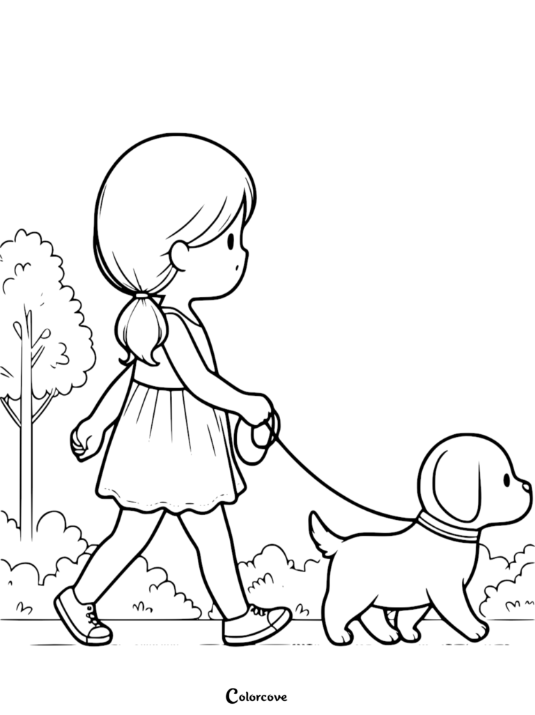 A young girl with a ponytail wearing a dress and sneakers walking a small puppy on a leash in a park coloring page.