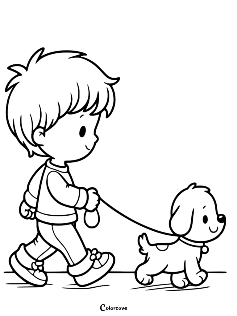 A simple line art coloring page of a young boy with messy hair walking a small spotted puppy on a leash.