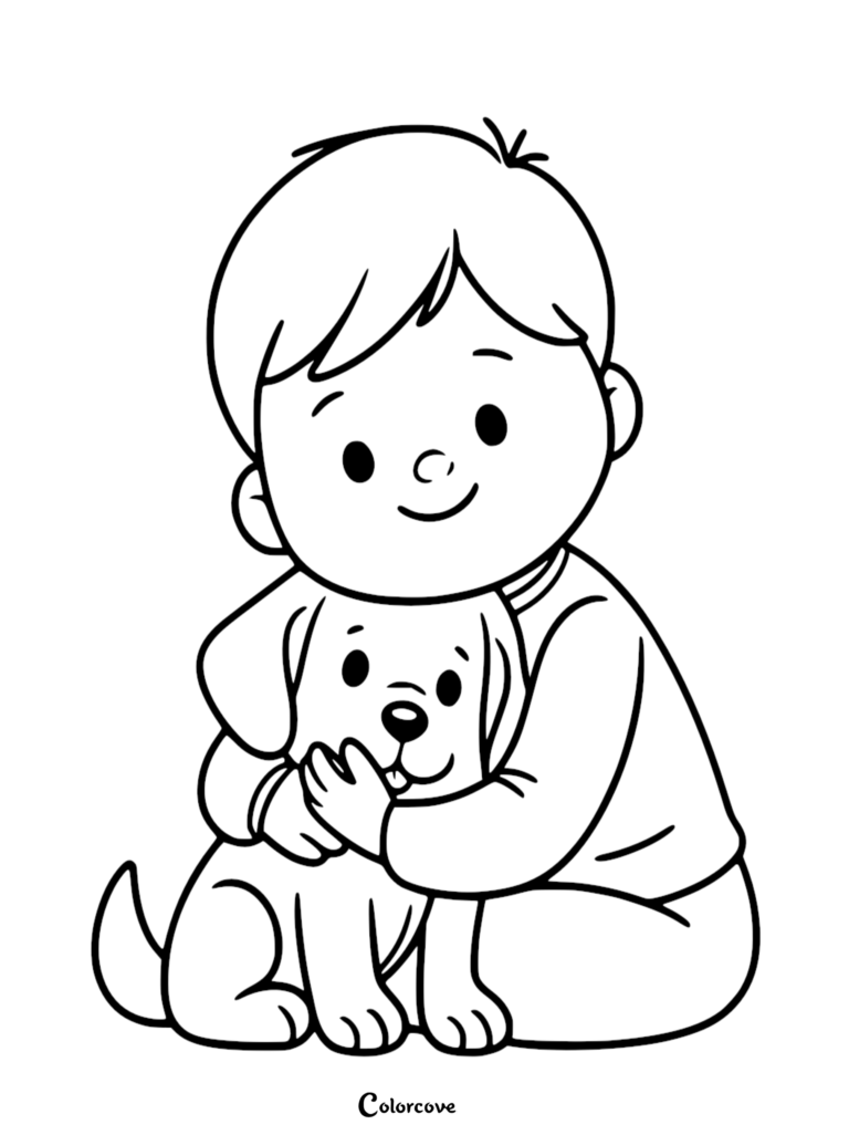 A simple line art coloring page of a young boy with short hair smiling while hugging a small, happy puppy.