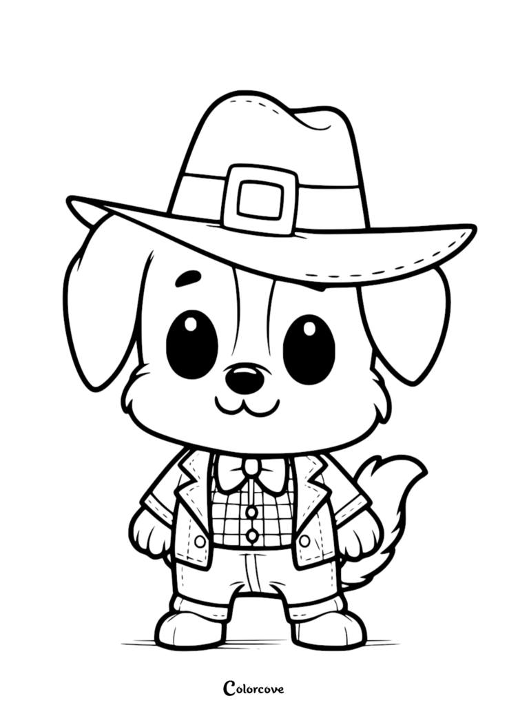 A cute puppy wearing a pilgrim hat, plaid shirt, and bow tie in this printable coloring page.