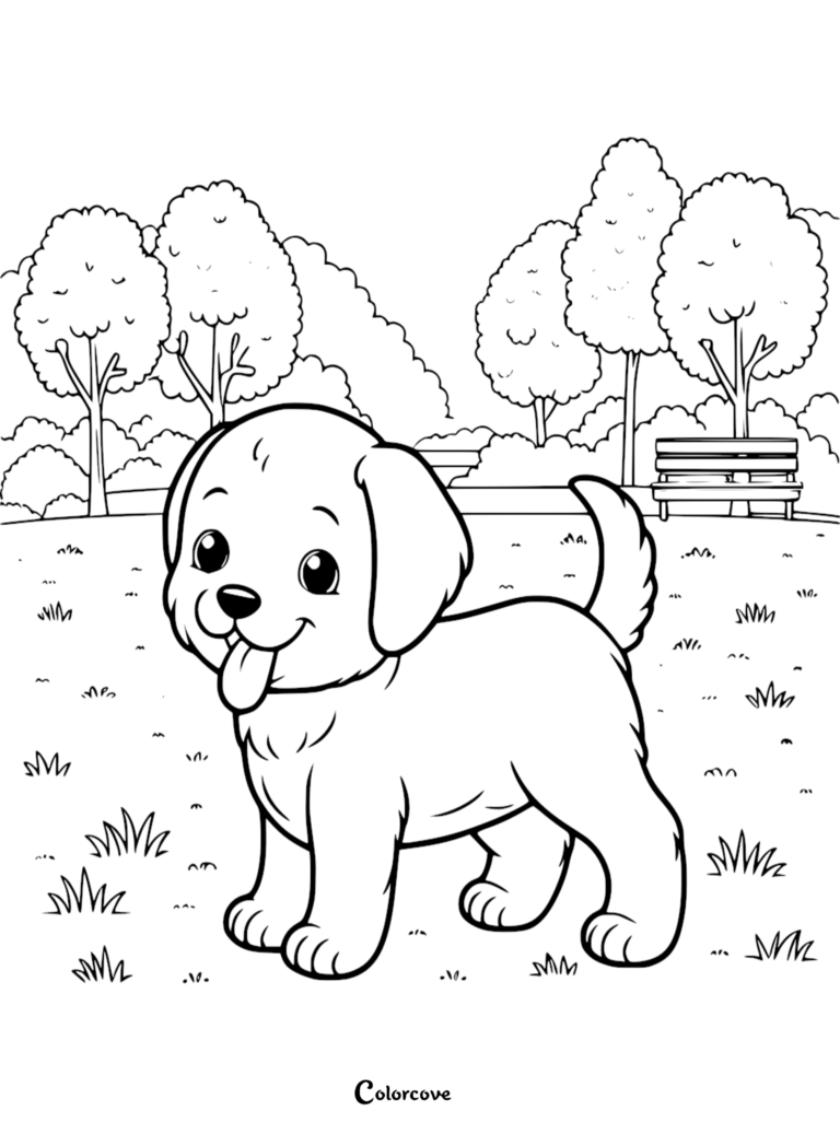 A cute cartoon puppy with its tongue out standing in a grassy park, printable coloring page for kids.