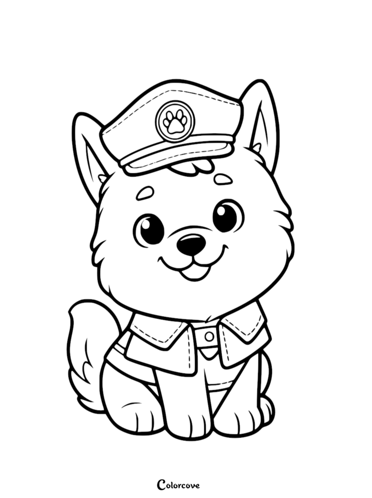 Chase from PAW Patrol wearing his police hat and uniform, a simple black and white coloring page for kids.