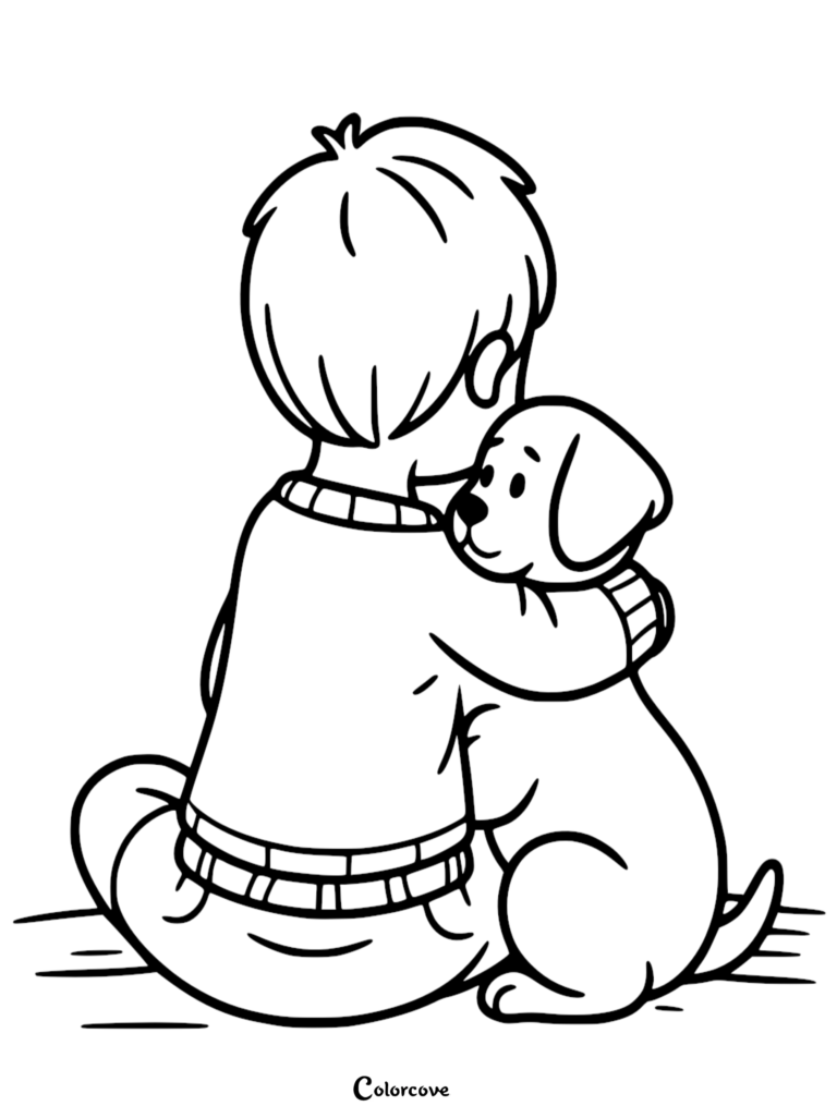 A young boy in a sweater sitting on the floor and hugging a small puppy in this printable coloring page.