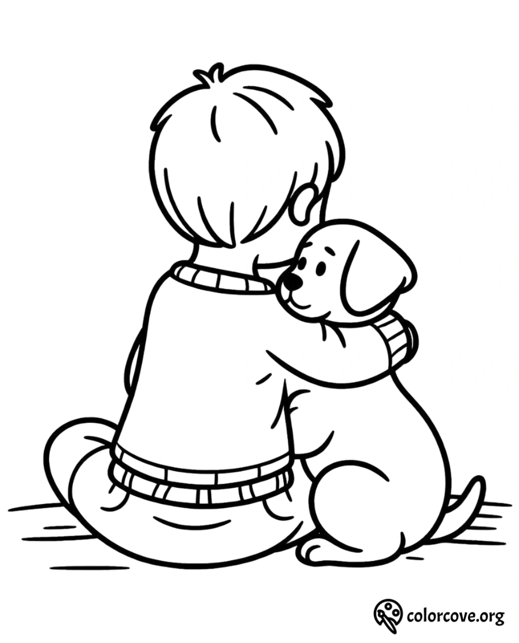 a boy hugging a dog