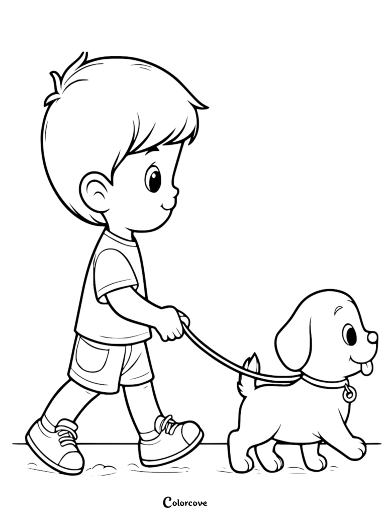 A young boy in a t-shirt and shorts walking a happy puppy on a leash, coloring page style line art.