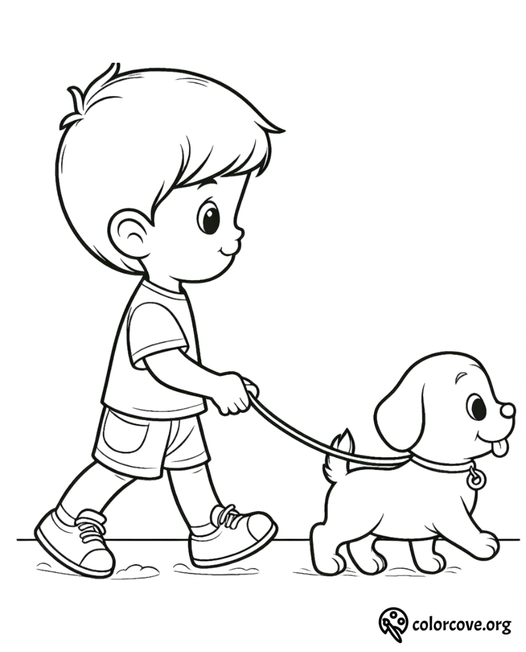 a cartoon of a boy walking a dog