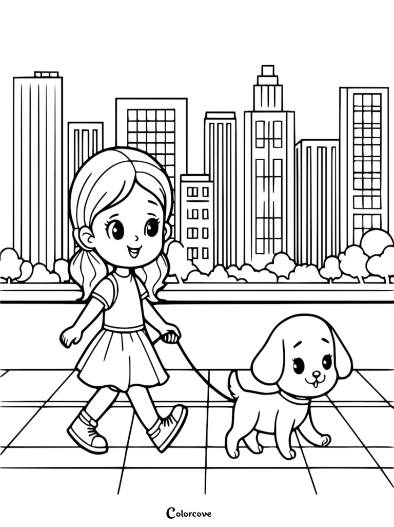 A young girl with pigtails walking her small puppy on a leash in front of a city skyline, printable coloring page.