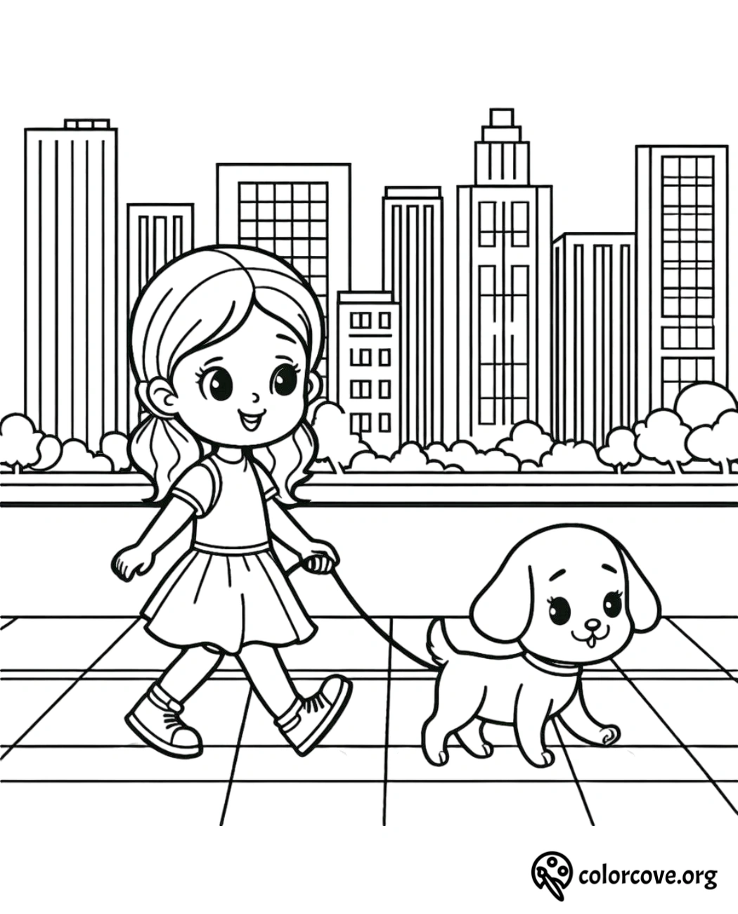 a cartoon girl walking a dog on a leash