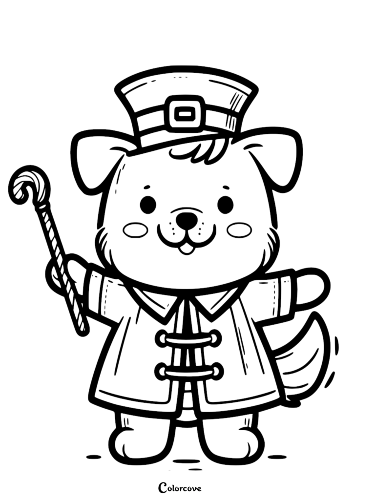 A cute puppy wearing a leprechaun hat and coat holding a candy cane in this printable coloring page.