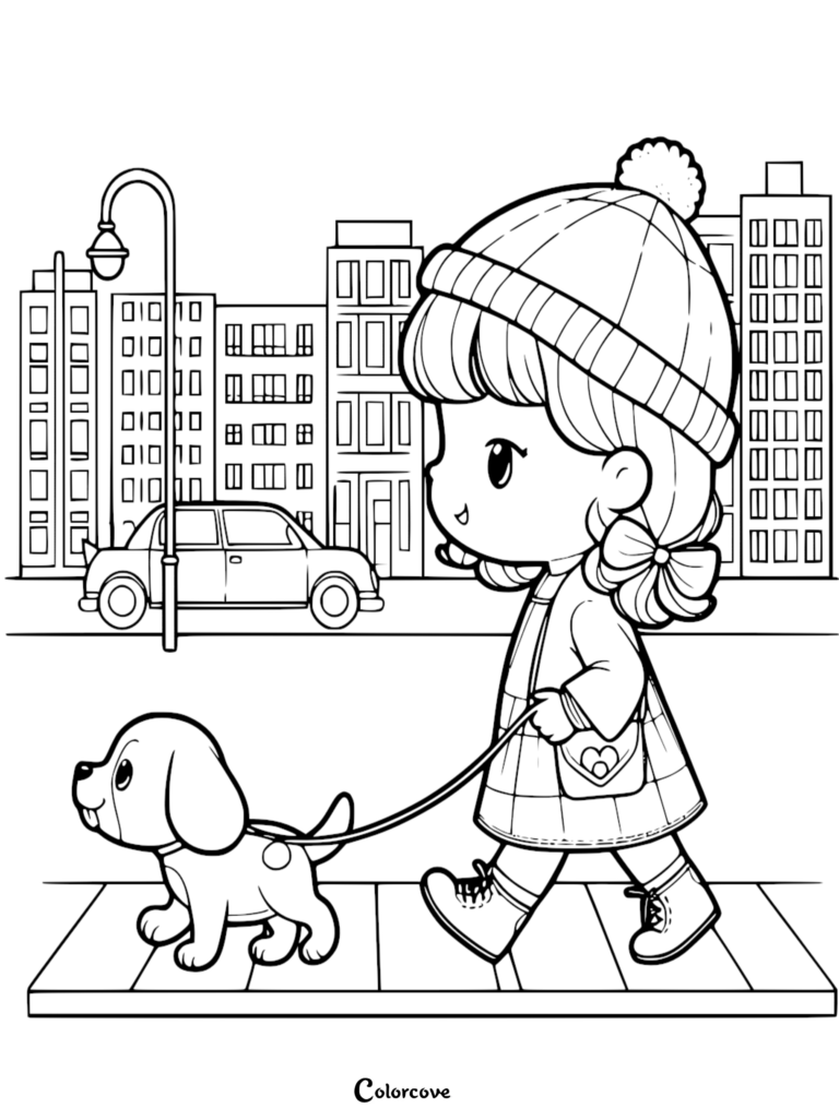 A cute girl in a beanie and coat walking her puppy on a leash in the city, printable coloring page.
