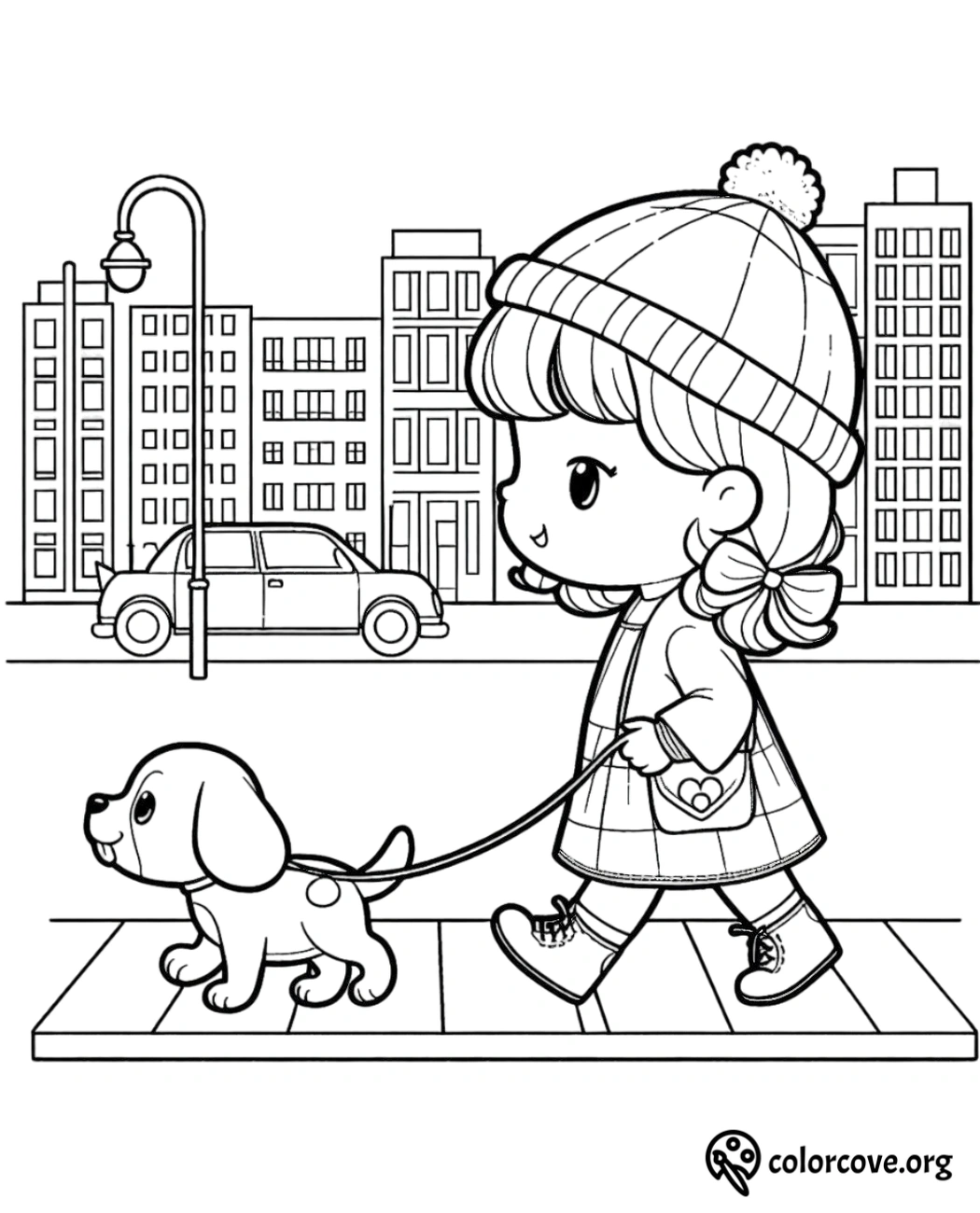 a cartoon girl walking a dog