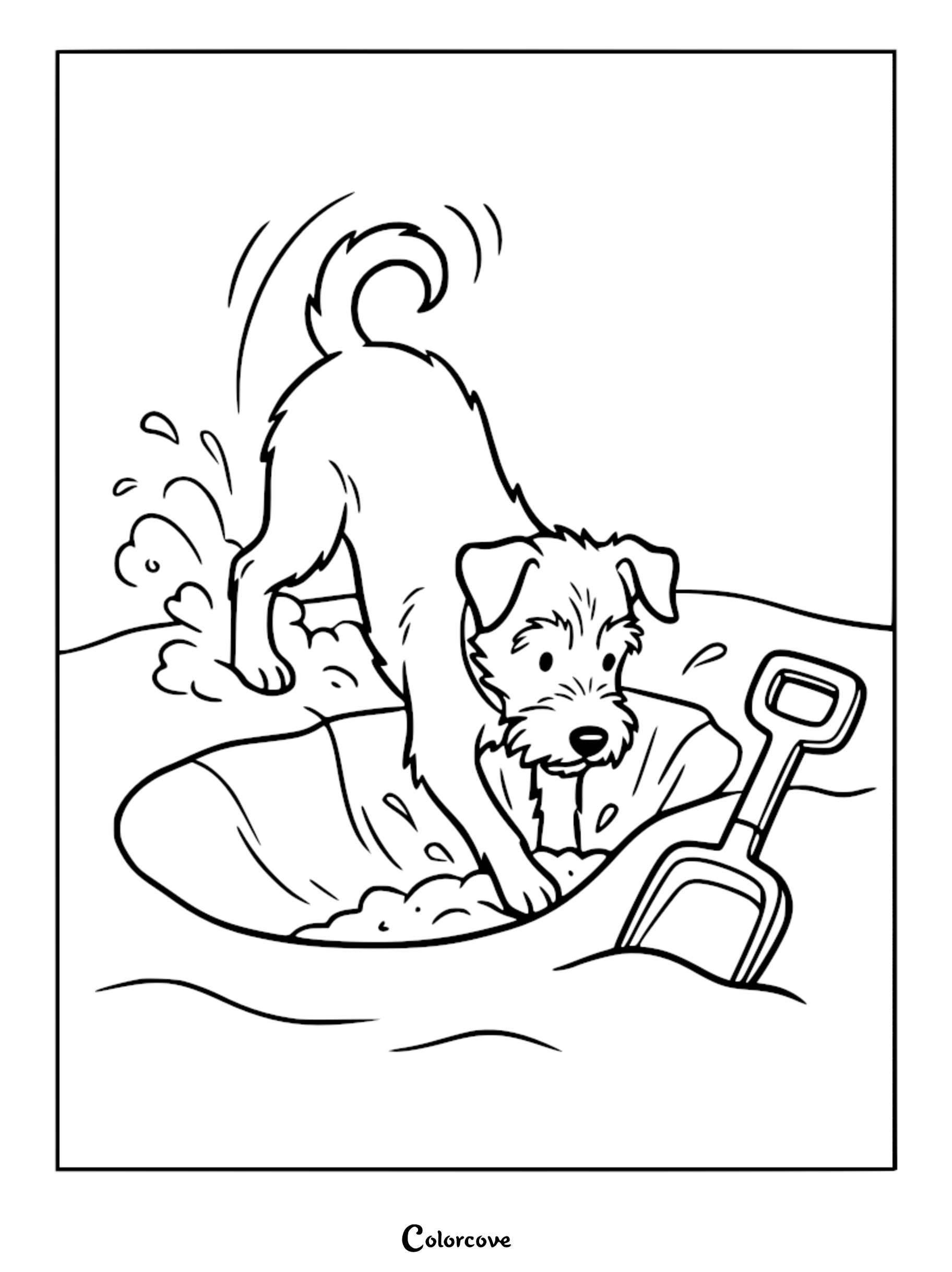A scruffy terrier dog digging a hole in the sand next to a plastic shovel on this printable coloring page.