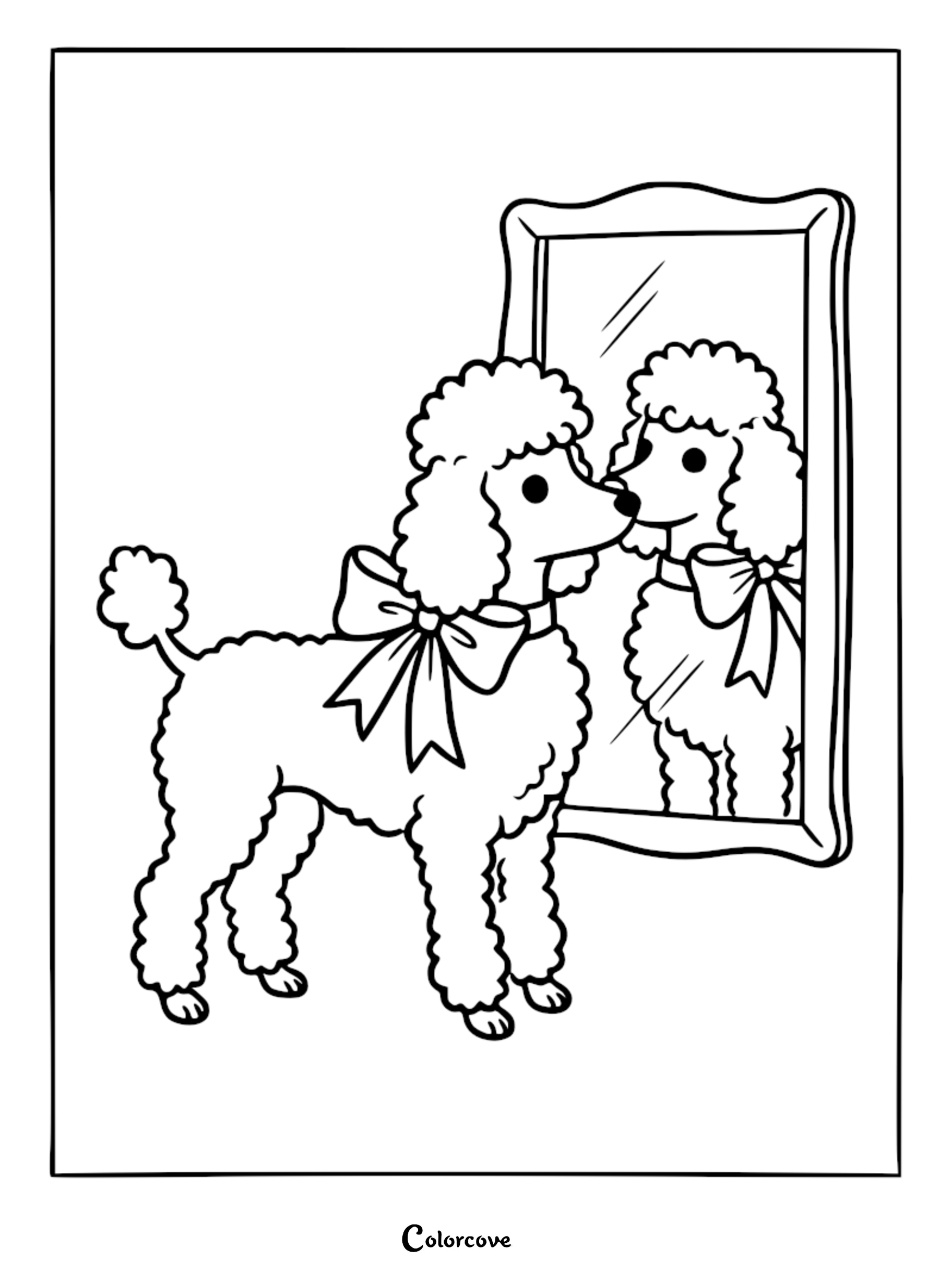 A cute poodle with a large bow around its neck looking at its reflection in a tall mirror, line art coloring page.