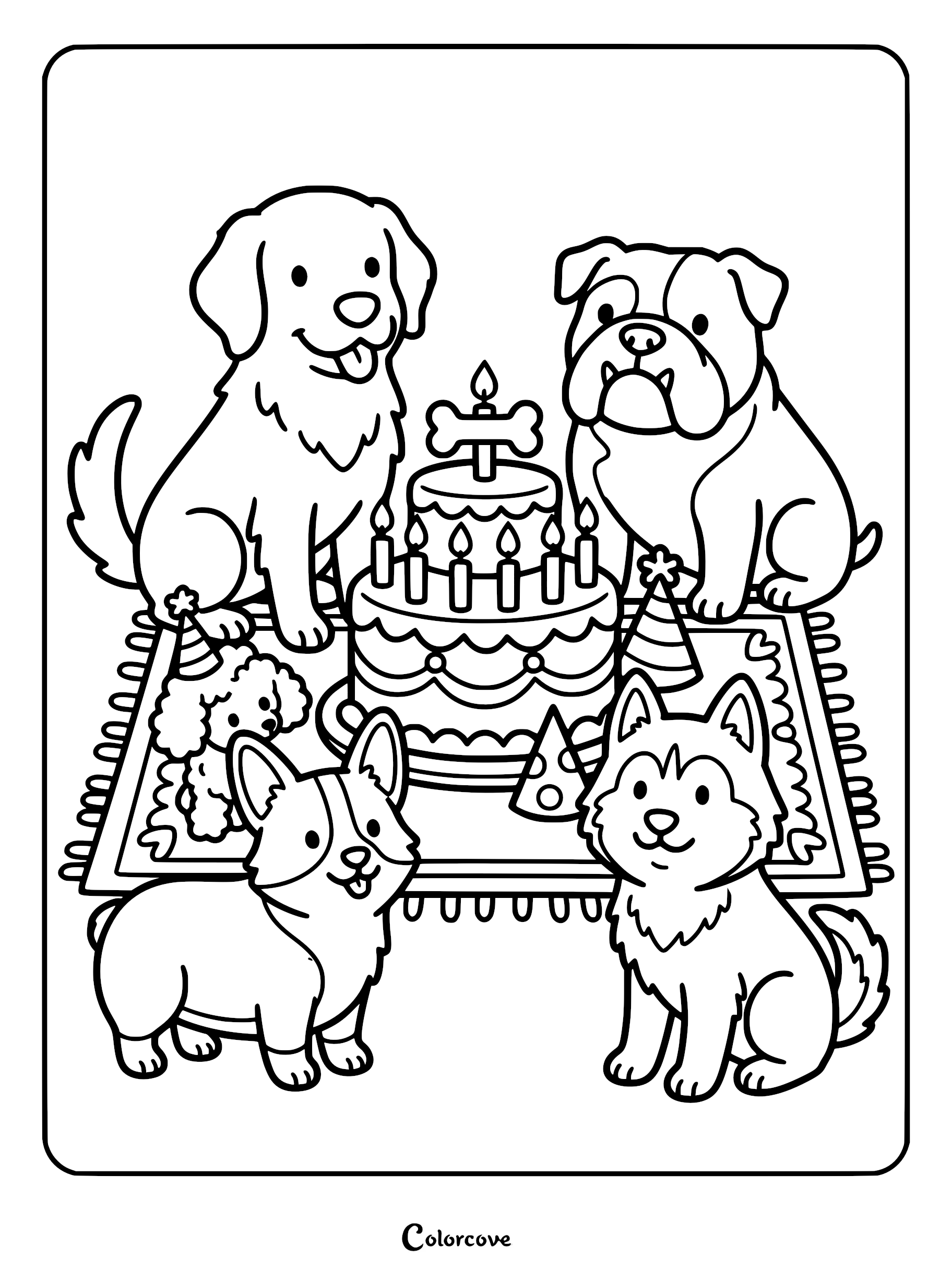 A group of four different dog breeds including a Golden Retriever, Bulldog, Corgi, and Husky sitting around a birthday cake on a rug, printable coloring page.