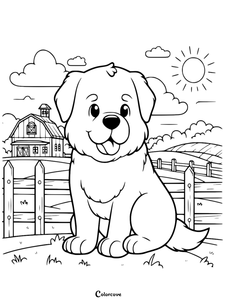 A cute puppy sitting in front of a wooden fence and barn on a sunny day coloring page.