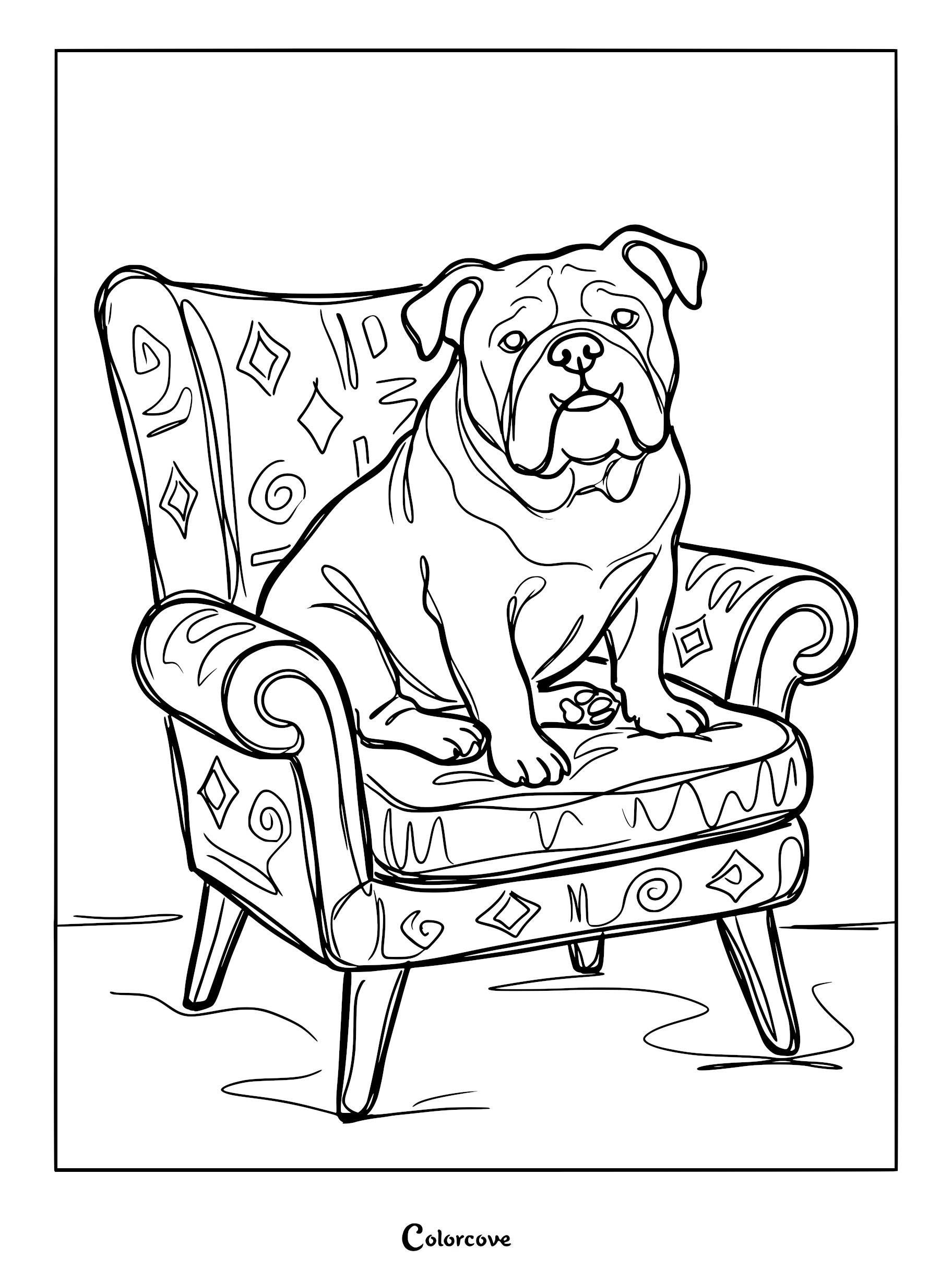 A printable coloring page featuring a stout English Bulldog sitting upright on a patterned vintage armchair with diamond and swirl designs.