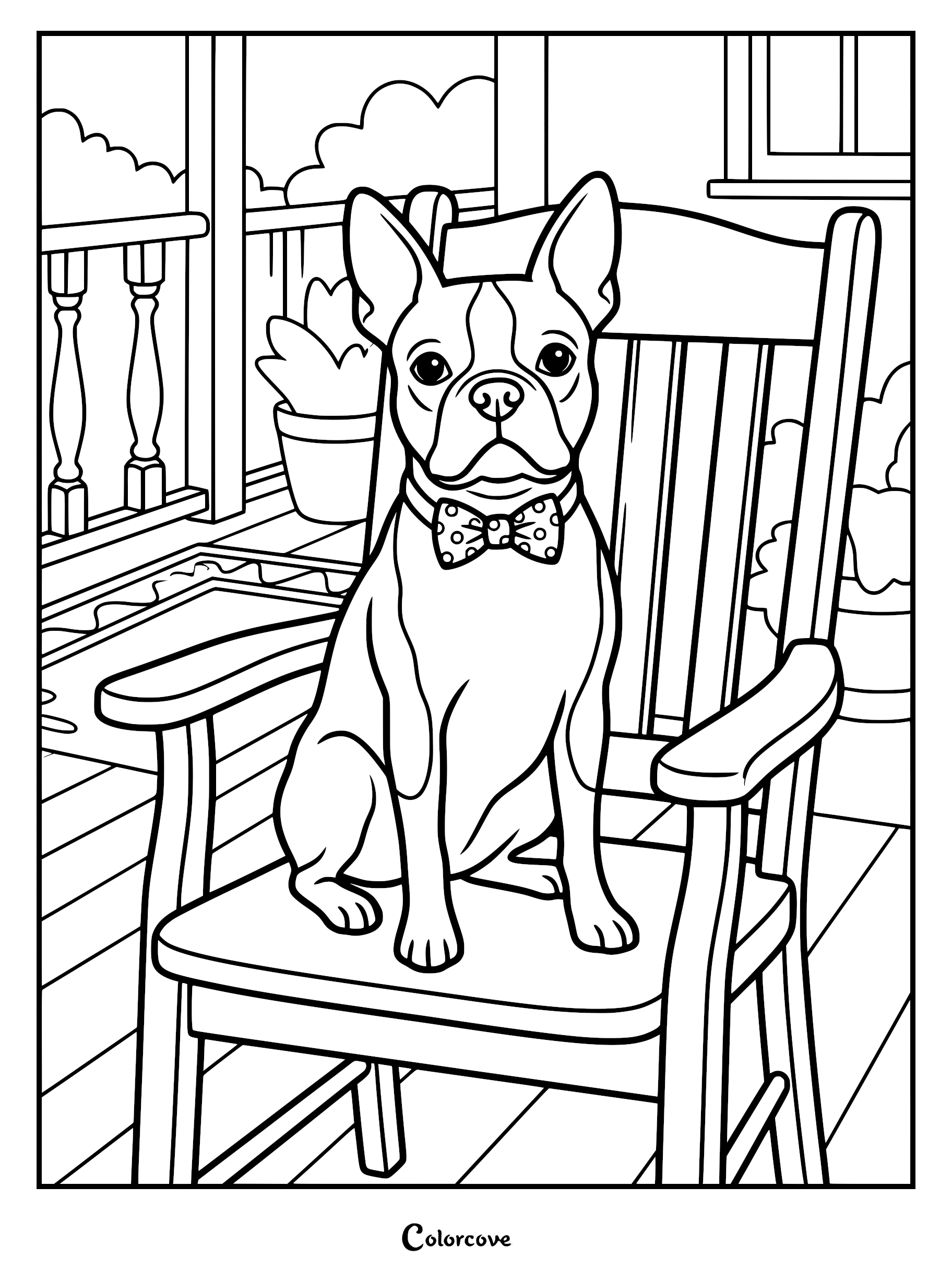A Boston Terrier wearing a polka dot bowtie sitting on a wooden rocking chair on a porch, printable coloring page.