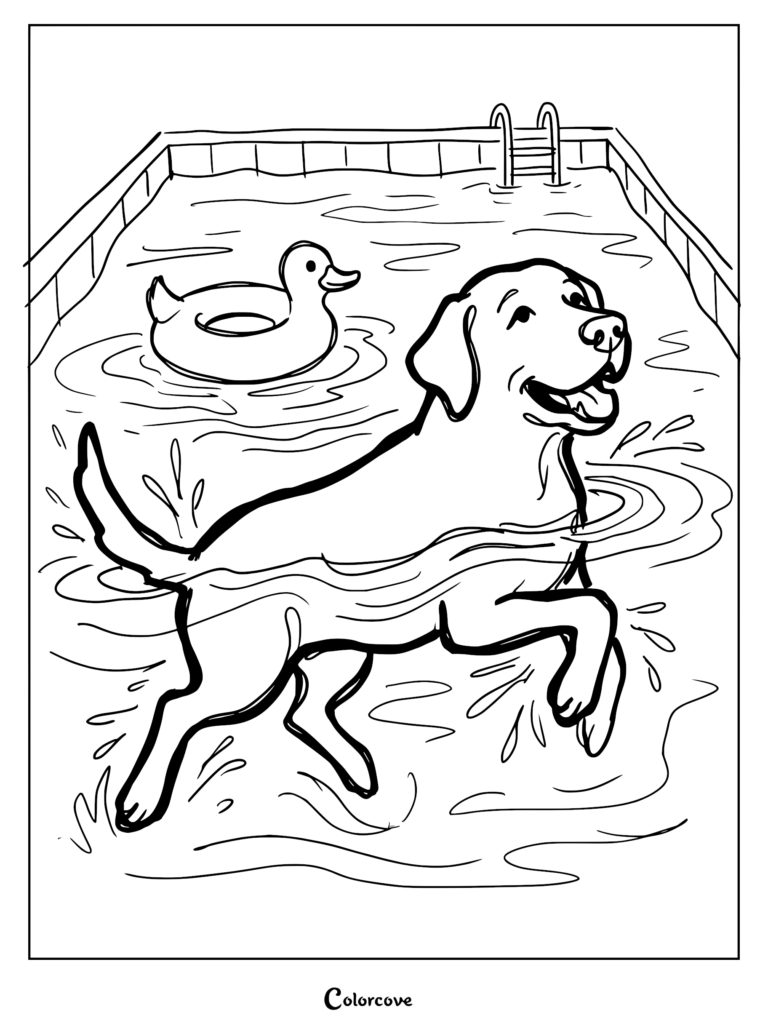 A happy Labrador retriever swimming in a backyard pool with a rubber duck floatie, black and white coloring page.