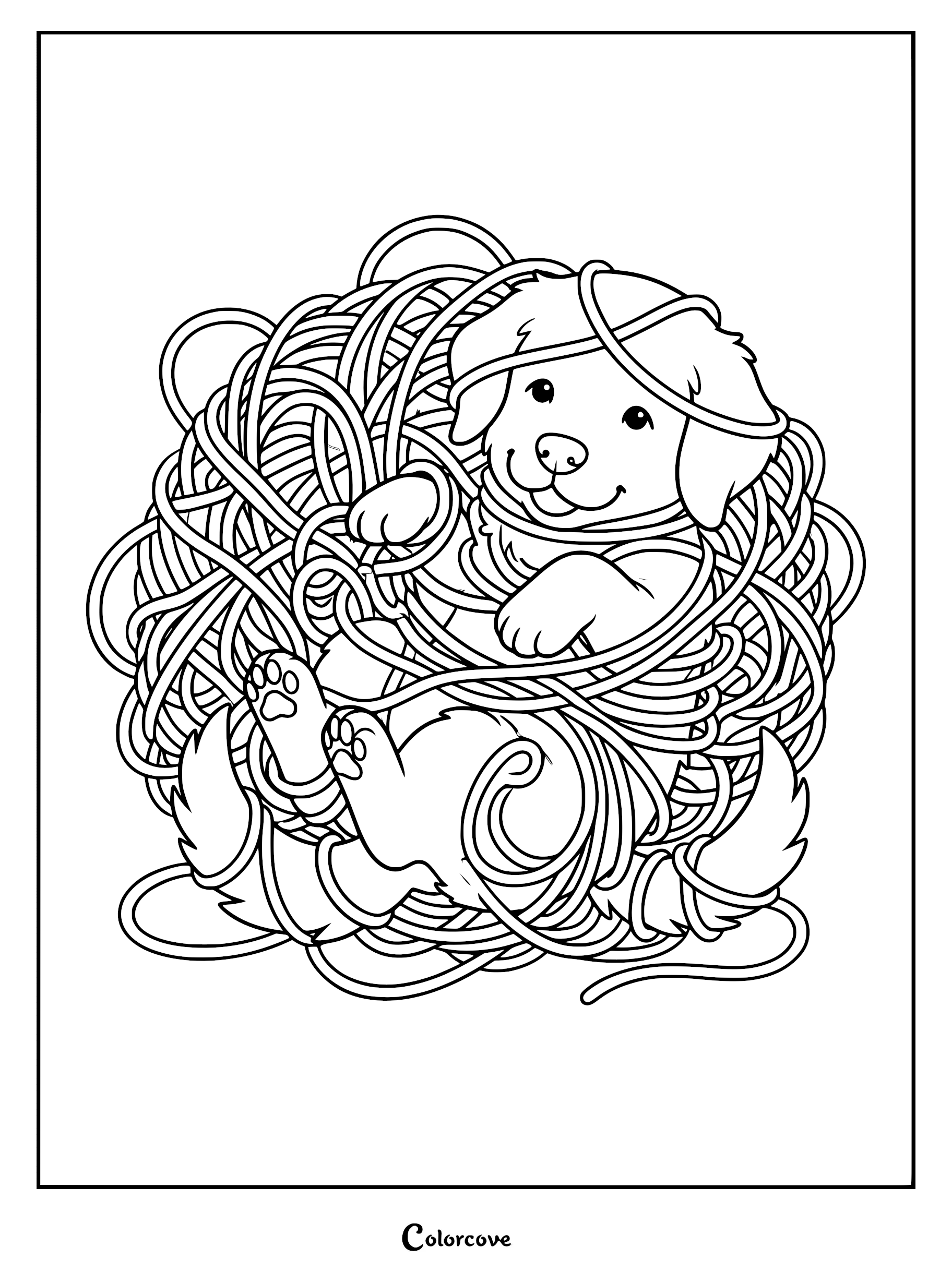 A cute golden retriever puppy sitting inside a large, messy ball of yarn in this printable coloring page.