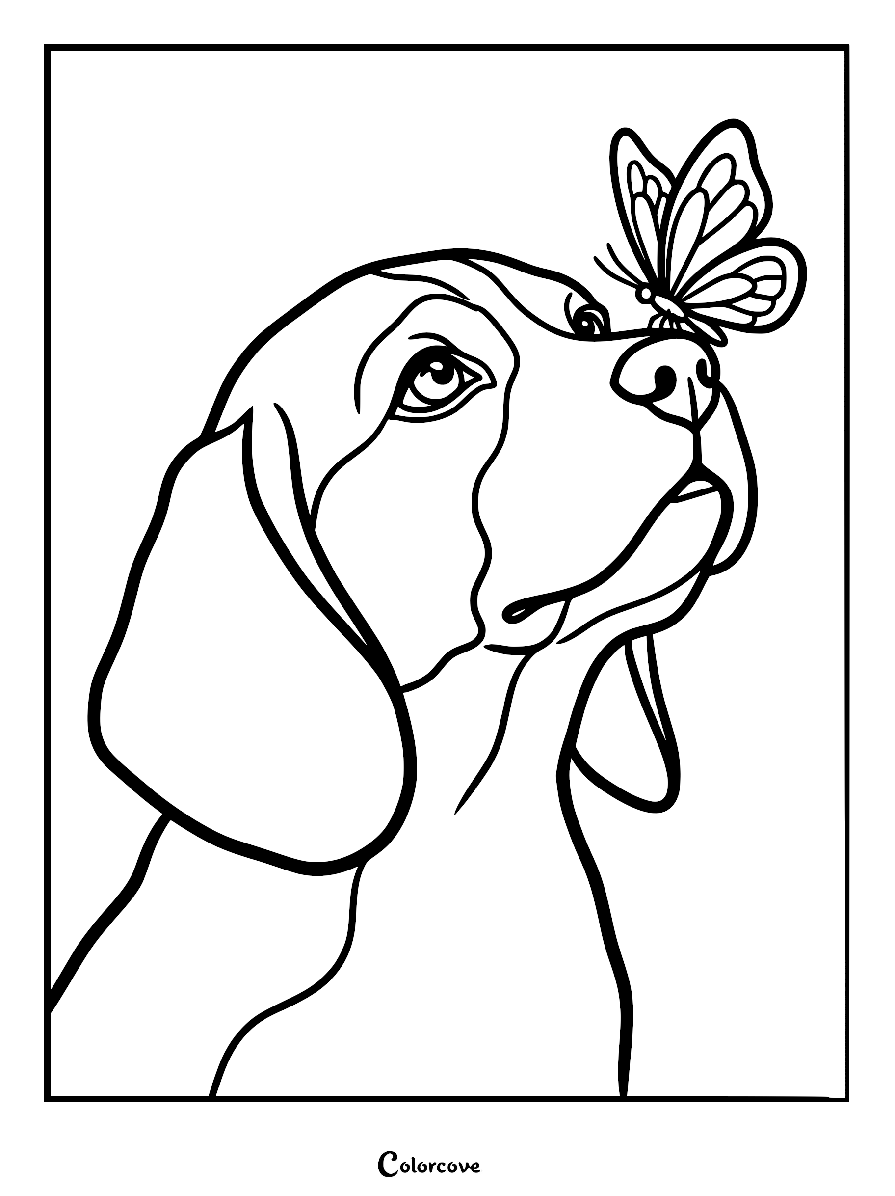 A beagle puppy looking up at a butterfly perched on its nose in this printable coloring page.