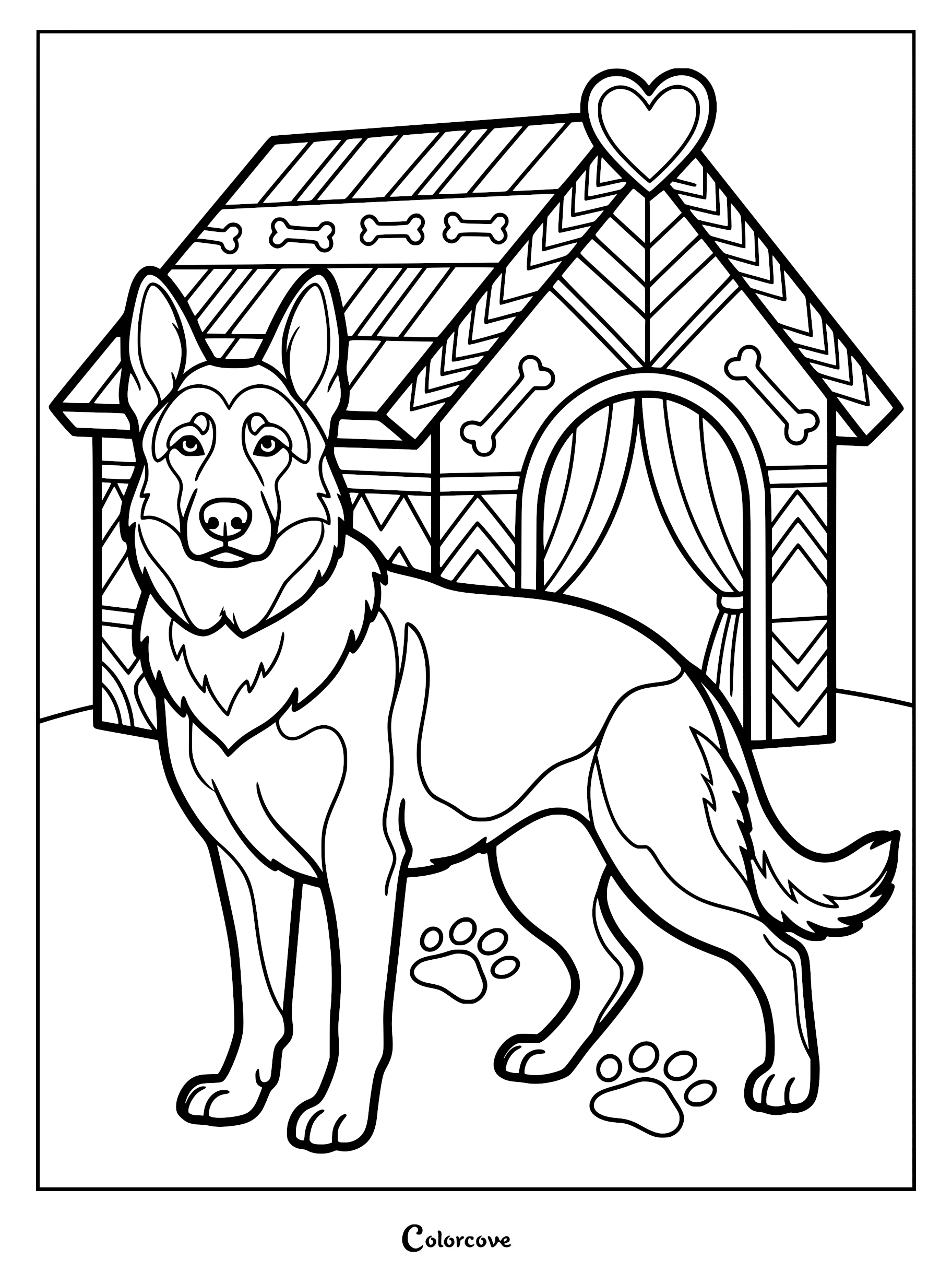 A German Shepherd standing in front of a patterned doghouse with a heart on top, coloring page style line art.