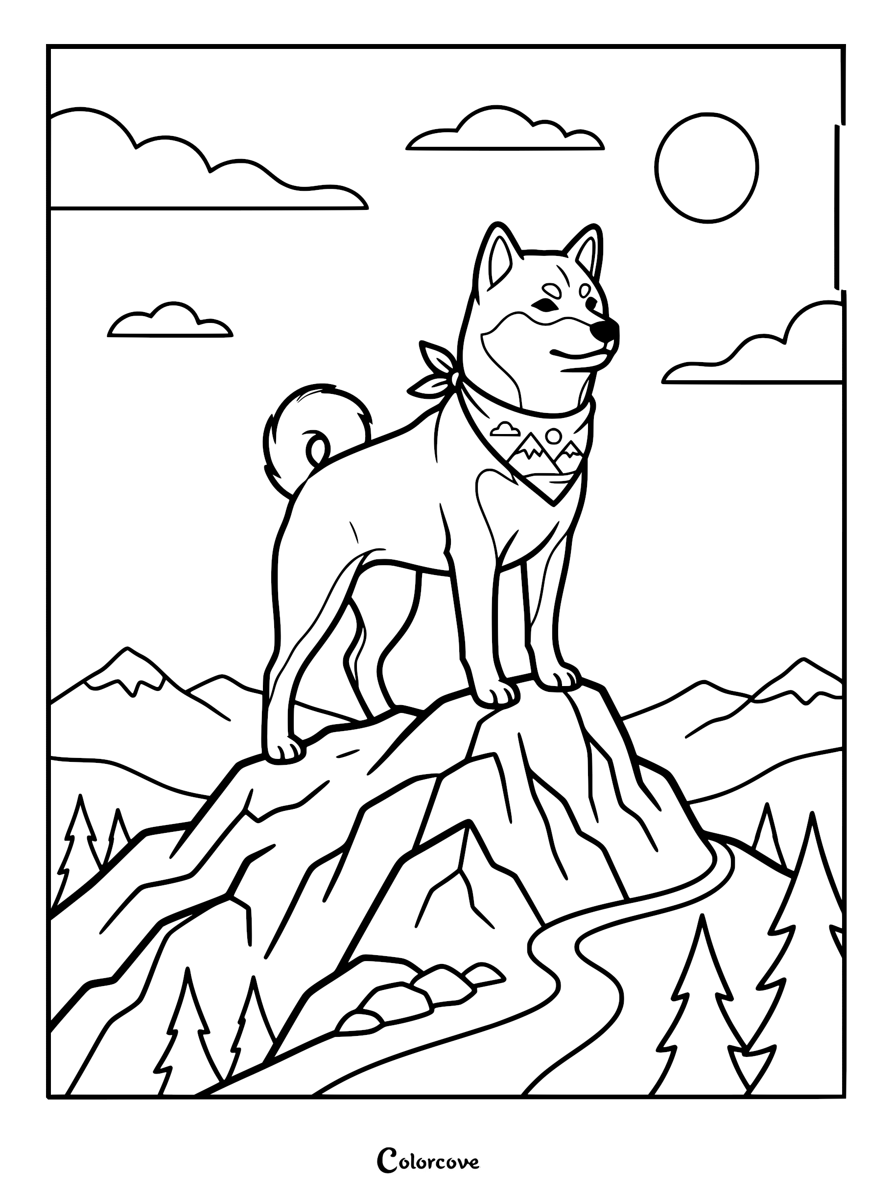 A Shiba Inu wearing a mountain-patterned bandana standing on a rocky peak, featured in a printable coloring page.