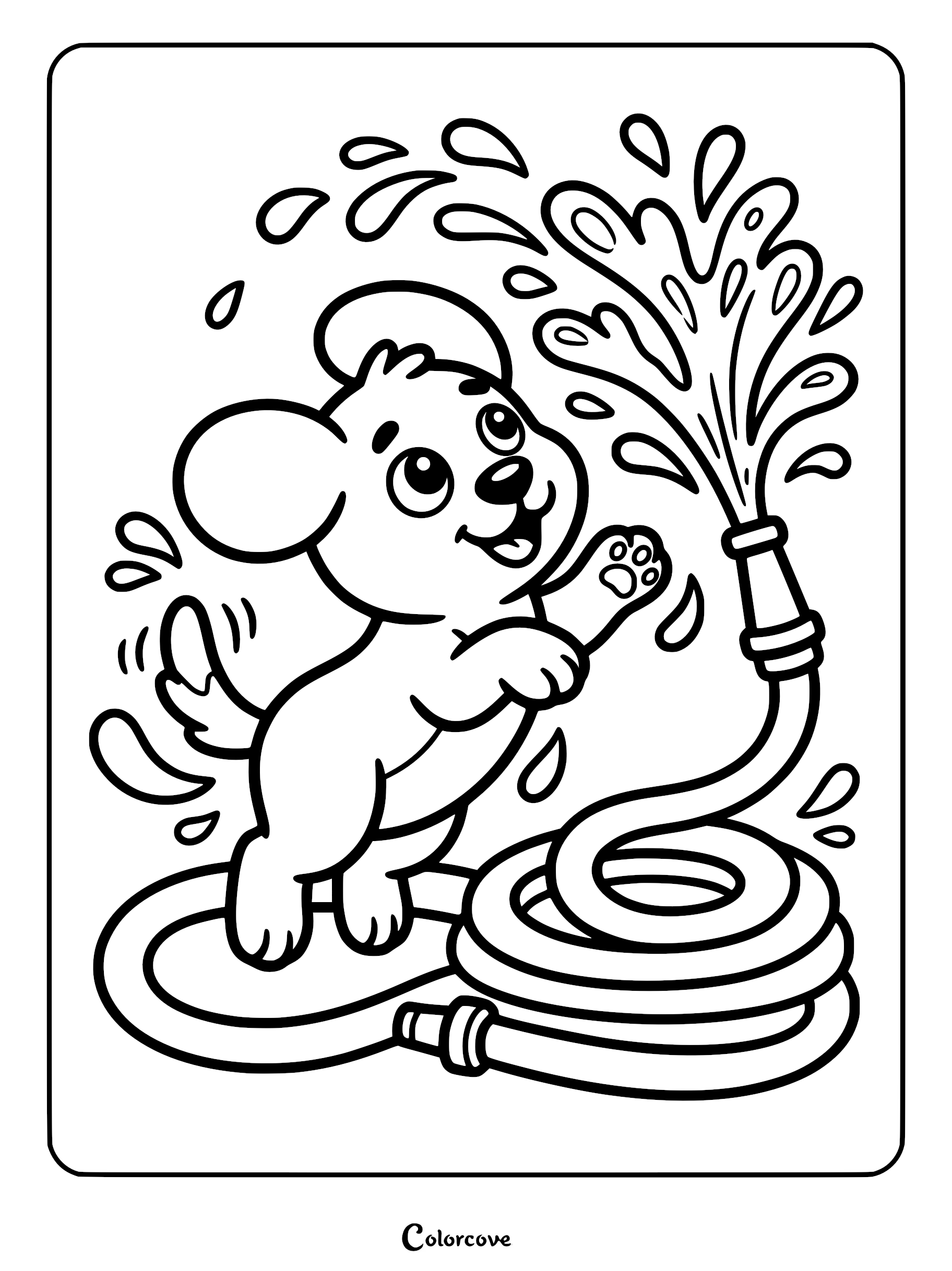 A cute puppy standing on a coiled garden hose and reaching for a spray of water in this printable coloring page.