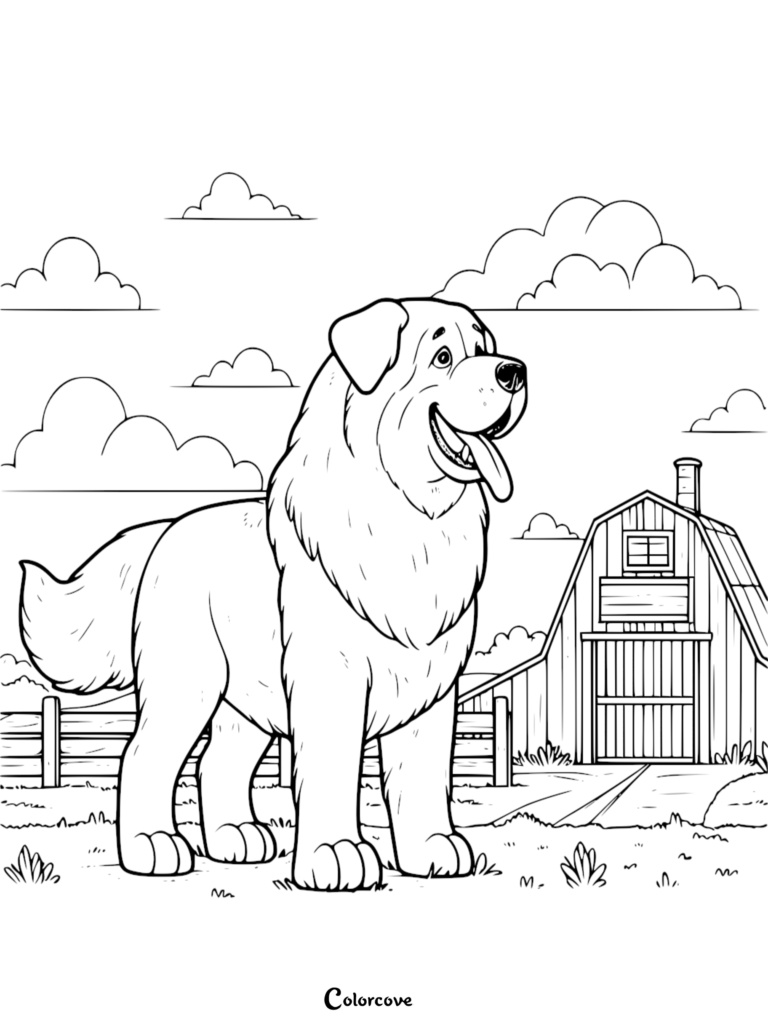 A friendly Saint Bernard dog standing in front of a rustic barn, printable coloring page for kids.
