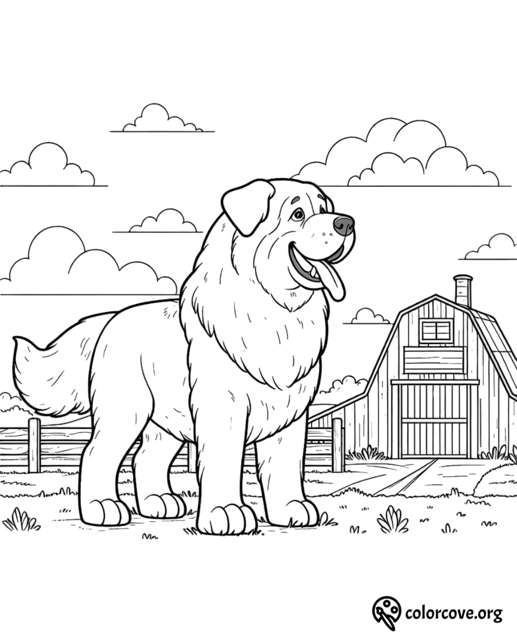 a dog standing in front of a barn