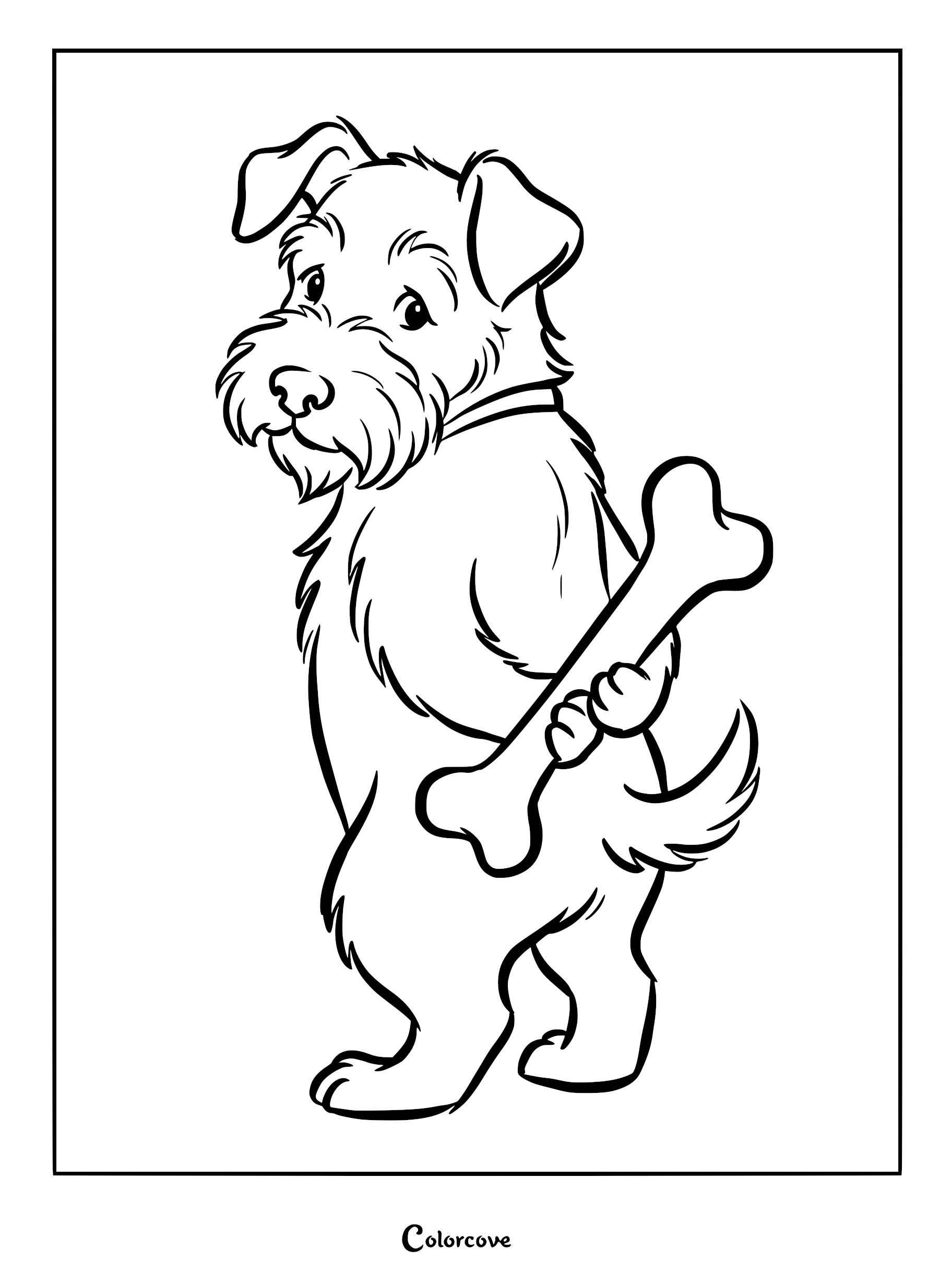 A friendly scruffy terrier dog standing on hind legs and hiding a large bone behind its back in this printable coloring page.