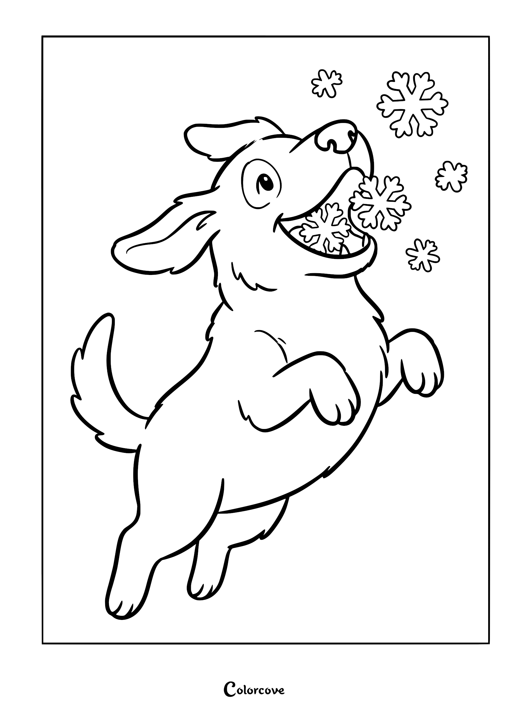 A happy puppy jumping to catch falling snowflakes in this printable coloring page.