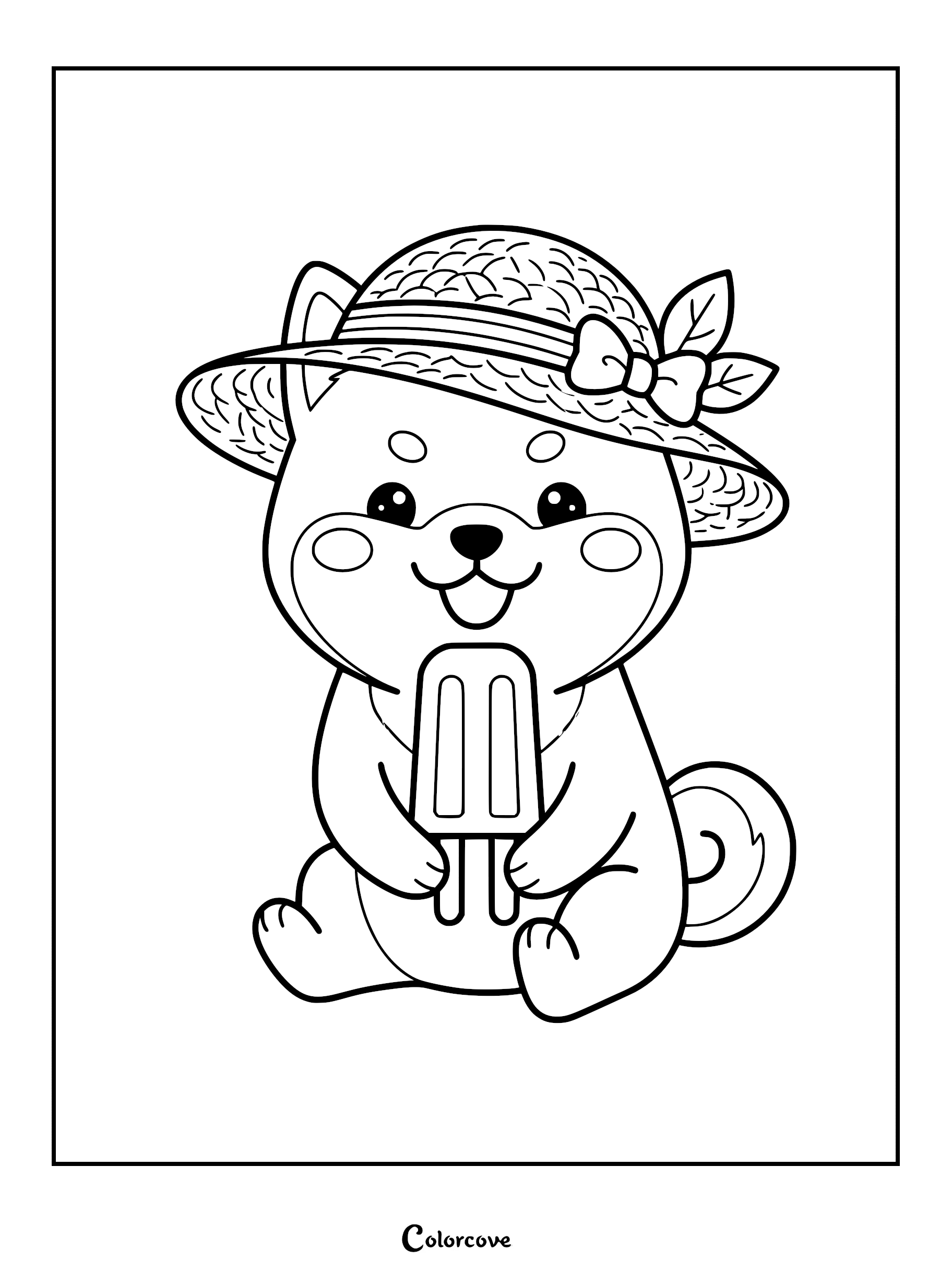 A cute Shiba Inu wearing a straw hat with a bow, holding a popsicle, printable coloring page.