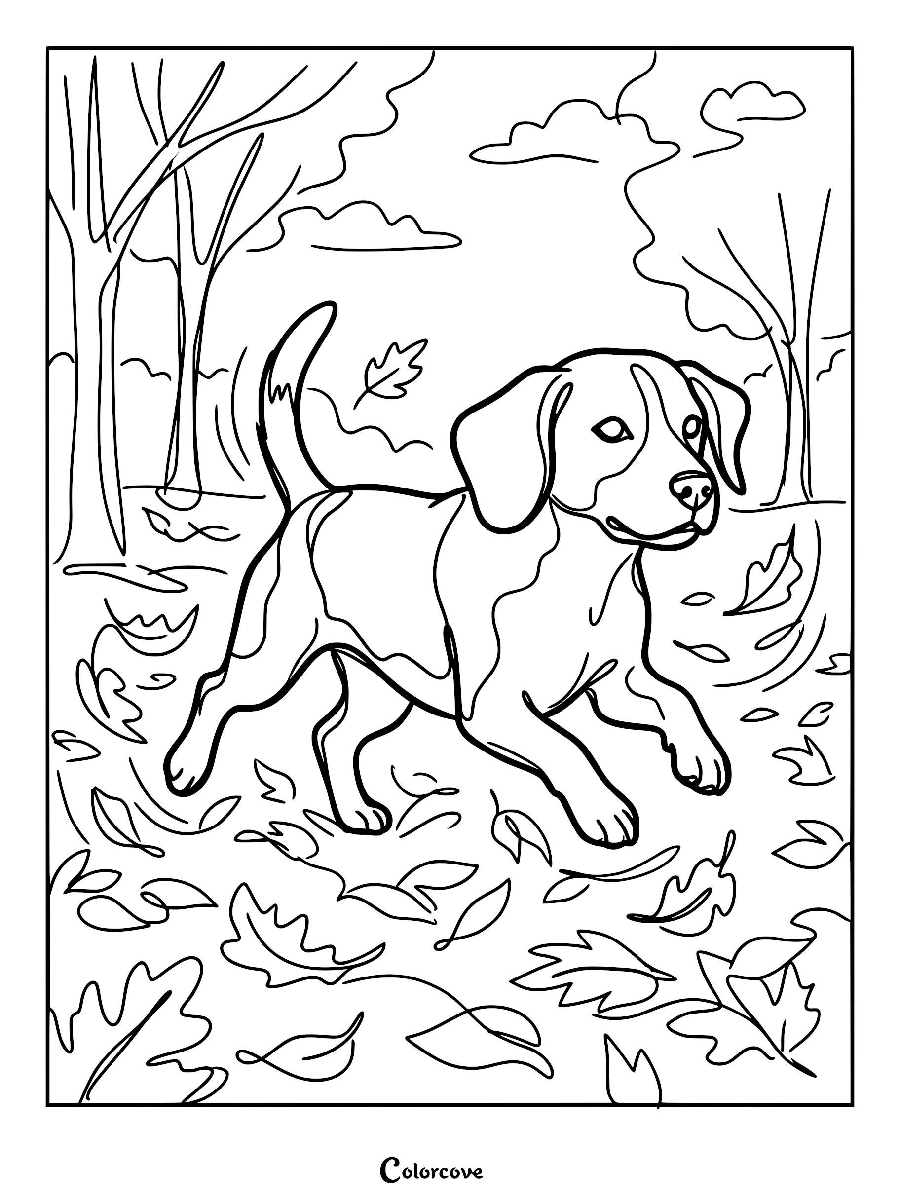 A beagle puppy walking through fallen autumn leaves in a park, printable coloring page.