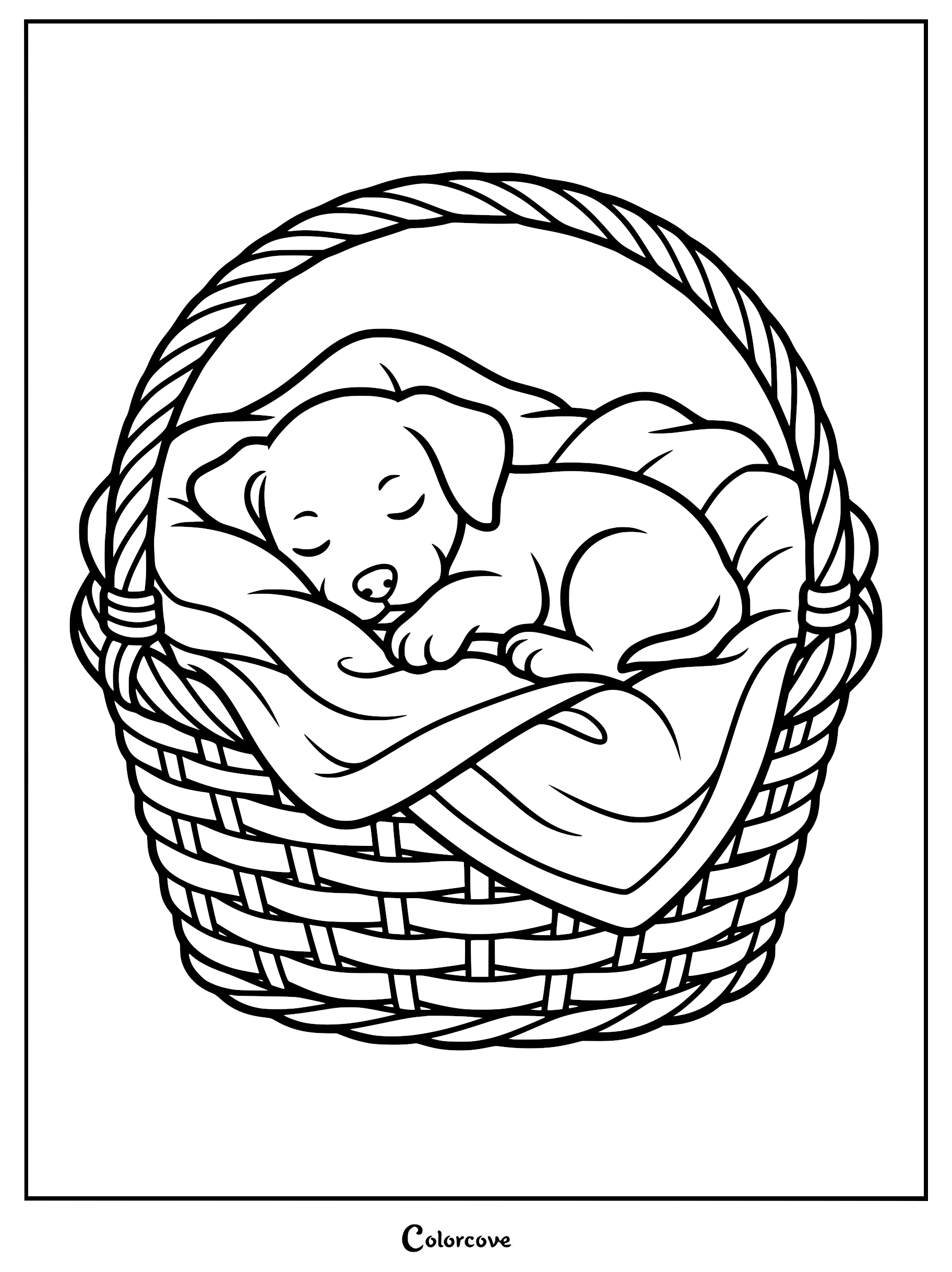 A cute puppy sleeping curled up on a soft blanket inside a woven wicker basket coloring page.