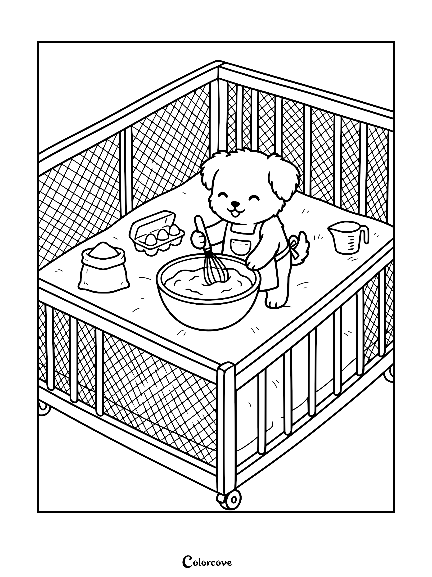 A cute puppy wearing an apron whisking batter in a bowl inside a playpen, printable coloring page.