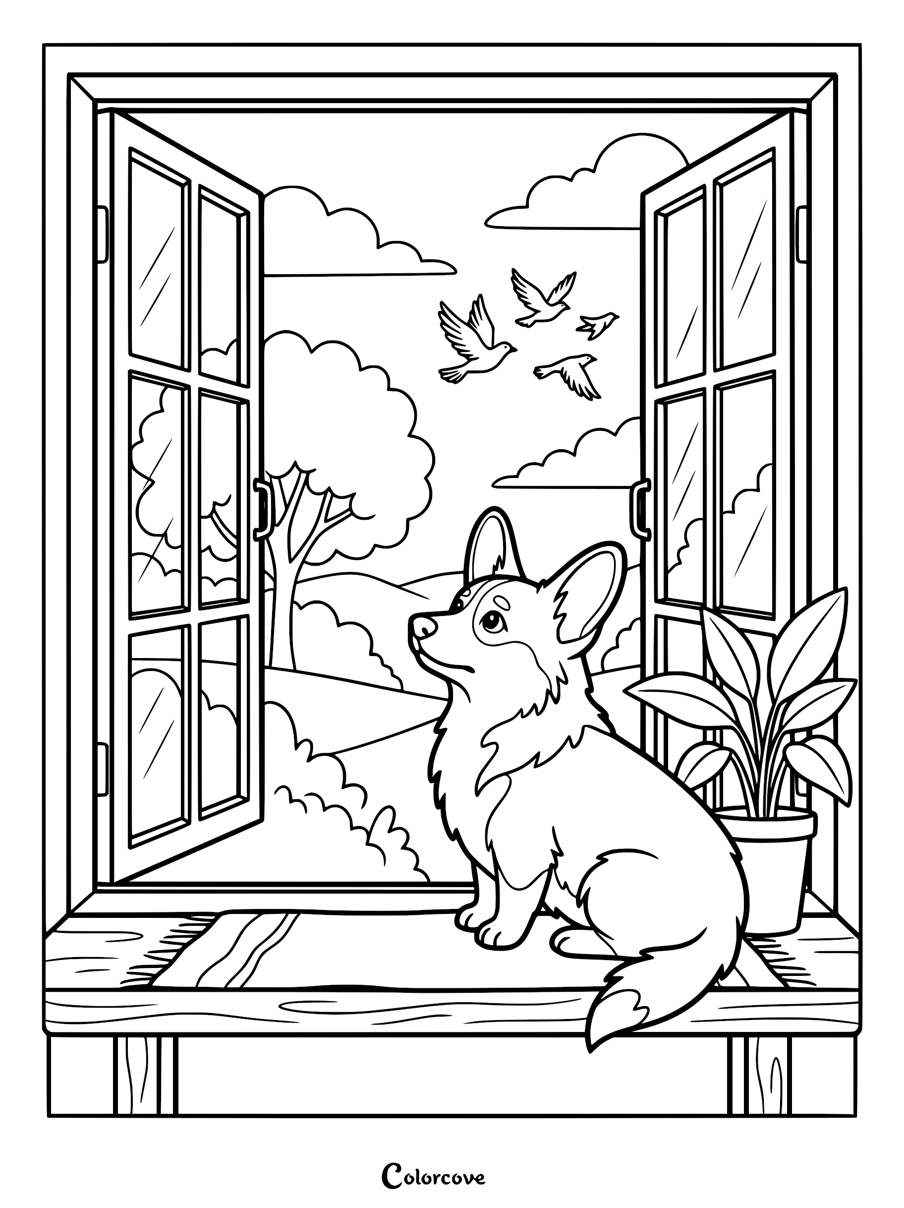 A cute Corgi sitting on a window sill looking at birds outside, printable coloring page.