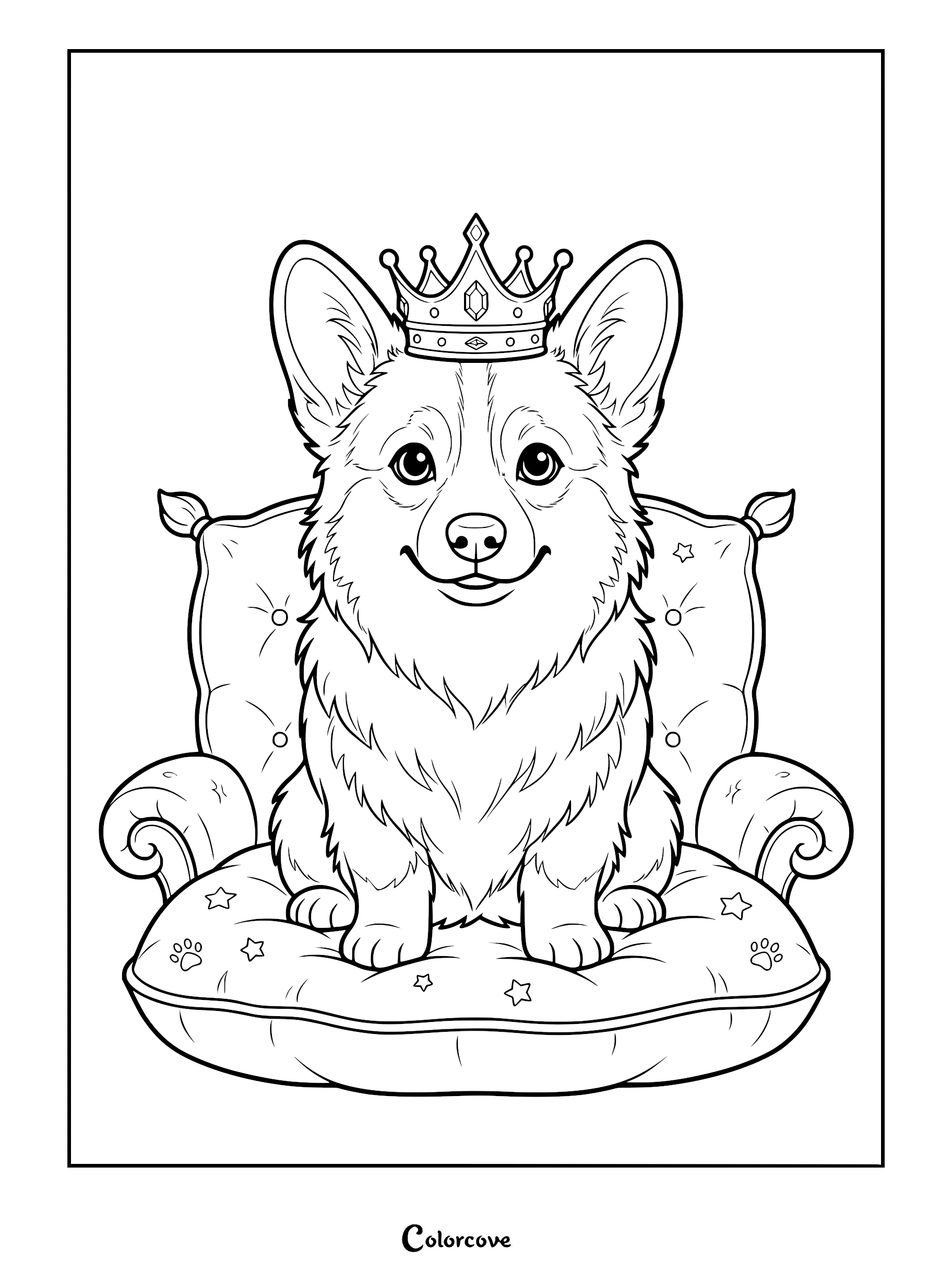 A cute Corgi wearing a jeweled crown sitting on a star-patterned pillow in this printable coloring page.