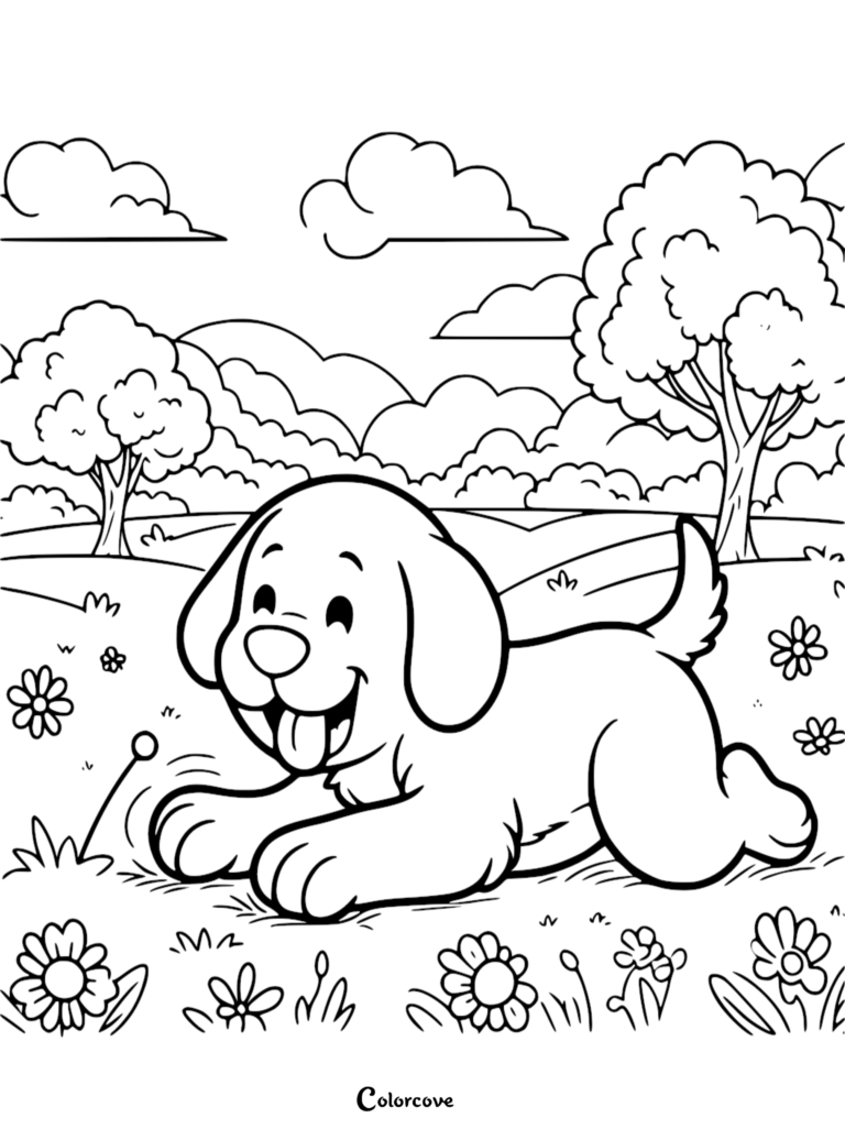 A cheerful puppy crouching in a flower-filled meadow, printable coloring page featuring a playful dog in a park.