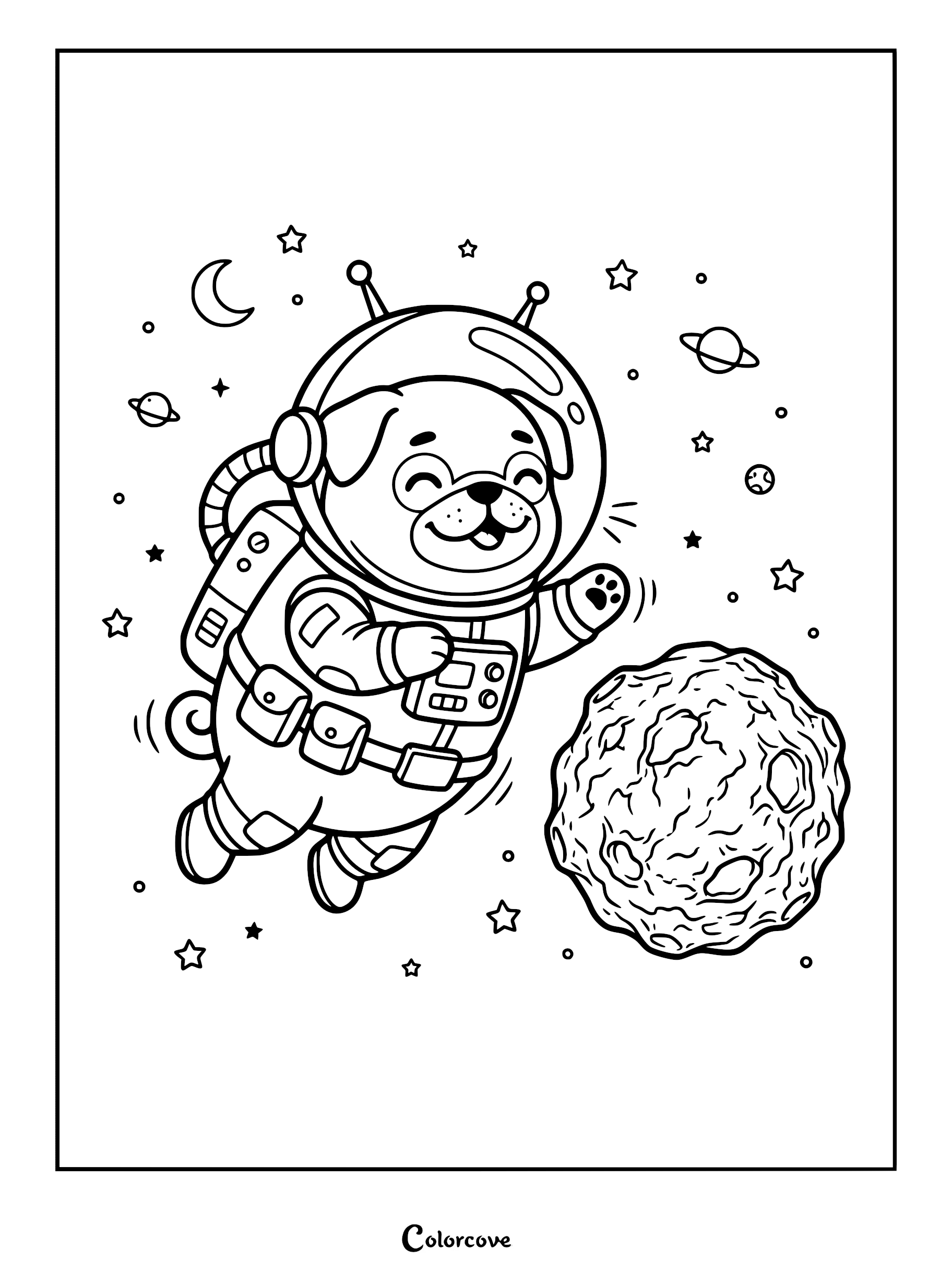 A cute pug wearing a space suit and helmet floating in space near a cratered moon, coloring page style line art.