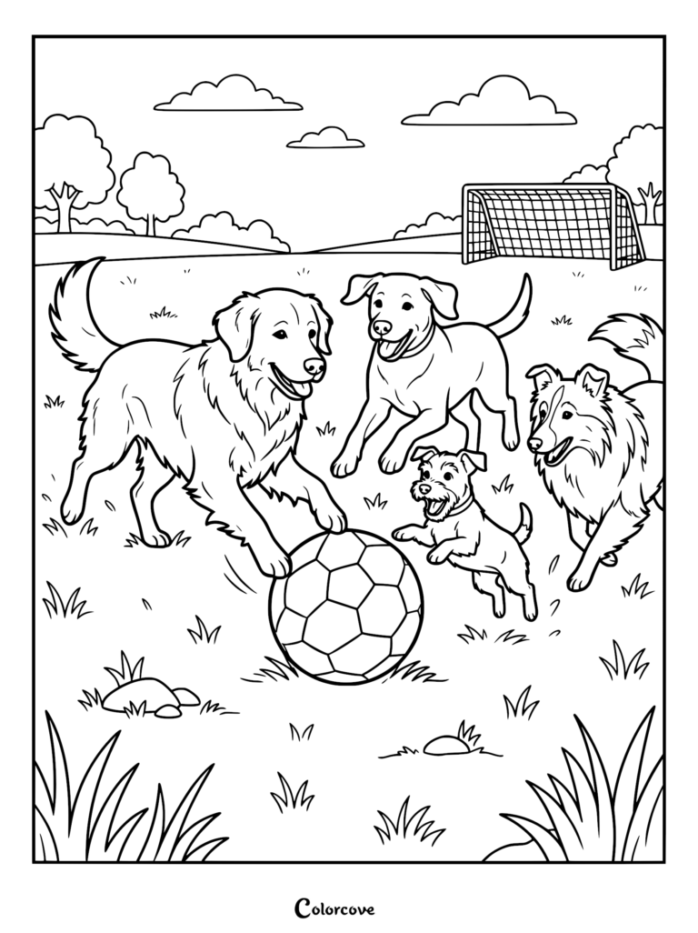 Four dogs of different breeds playing with a soccer ball on a grassy field in this printable coloring page.
