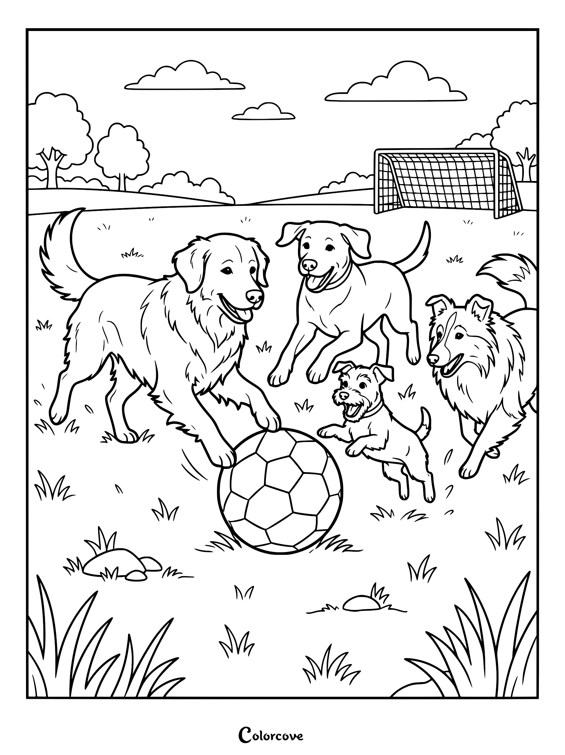 Four dogs of different breeds playing with a soccer ball on a grassy field in this printable coloring page.