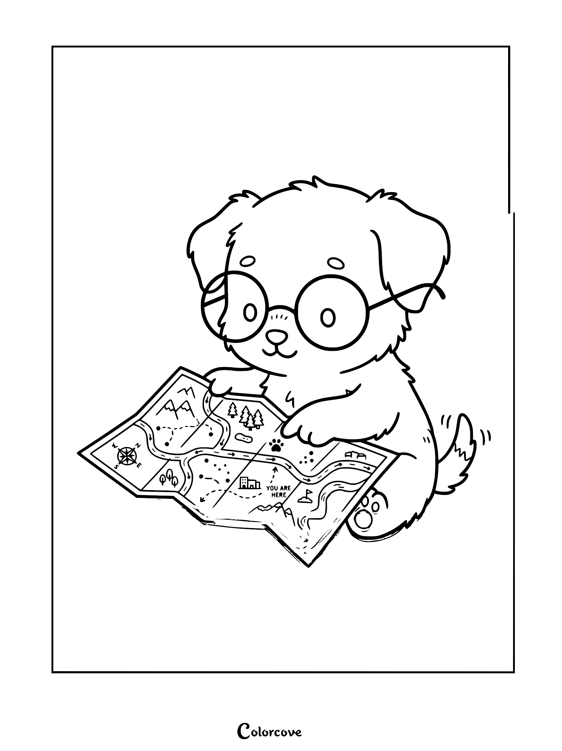 A cute puppy wearing round glasses looking at a treasure map in this printable coloring page.